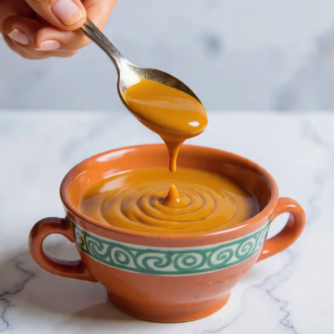 A close-up image showing a thick, smooth orange-brown sauce being lifted by a silver spoon with intricate designs on the handle, the sauce slowly dripping back into a single-layer deep, rustic clay bowl that is painted in red with green and white patterns around its edge and handle, all set on a white marbled surface photo taken with an iphone --ar 4:5 --v 7