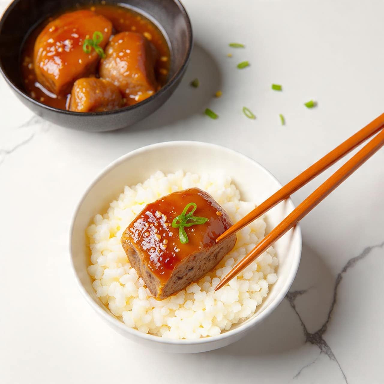 A white bowl with a layer of white steamed rice at the bottom holds a piece of roasted meat with a shiny reddish-brown sauce on top. Thin green onion slices are sprinkled over the meat, and a pair of orange chopsticks rests on the right edge of the bowl. In the upper background, there is a black bowl with more meat covered in the same sauce on a white marbled surface. A small round container and some scattered green onion pieces also appear near the bowls. Photo taken with an iphone --ar 4:5 --v 7