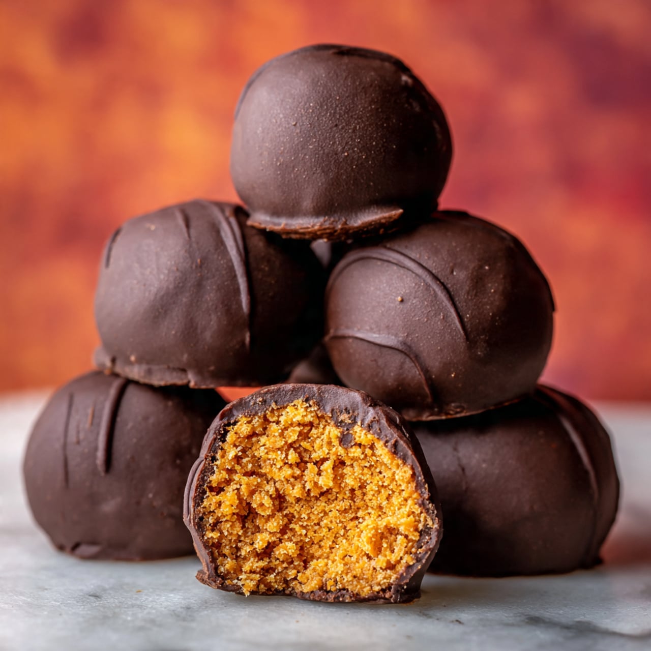 A close-up view showing multiple round chocolate balls stacked on a white marbled surface. The balls are covered with smooth, shiny dark brown chocolate. One ball is shown with a bite taken out, revealing a dense, crumbly golden-orange inside with a slightly rough texture. The background is blurred with a mix of warm red and orange tones. photo taken with an iphone --ar 4:5 --v 7