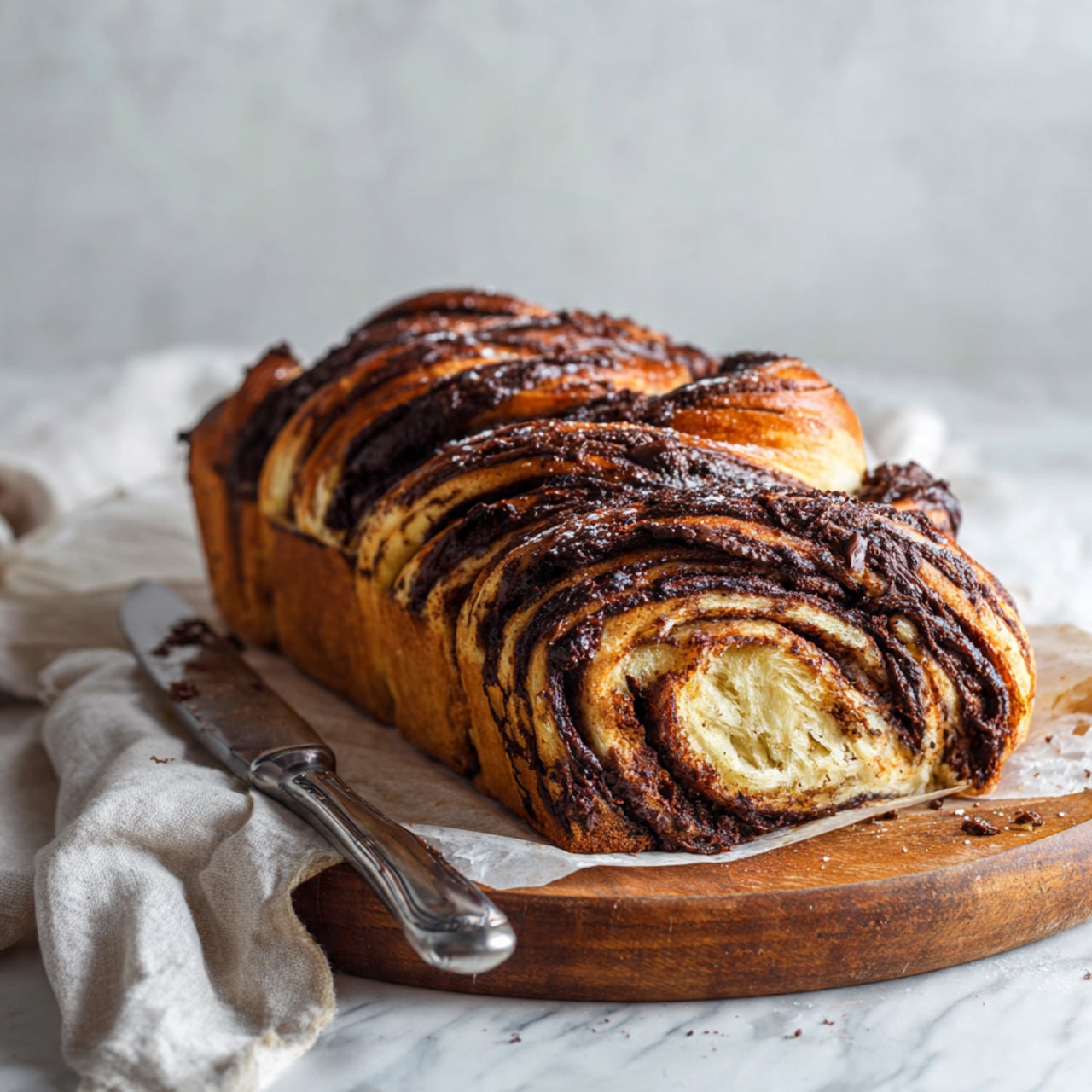 A twisted bread loaf with dark brown chocolate layers spiraled inside golden brown baked dough, sitting on baking paper on a round wooden board. The bread has a shiny texture on top with visible twists showing the rich chocolate filling inside. A silver knife lies next to the bread on a light, crumpled white cloth, all placed on a white marbled surface. Photo taken with an iphone --ar 4:5 --v 7