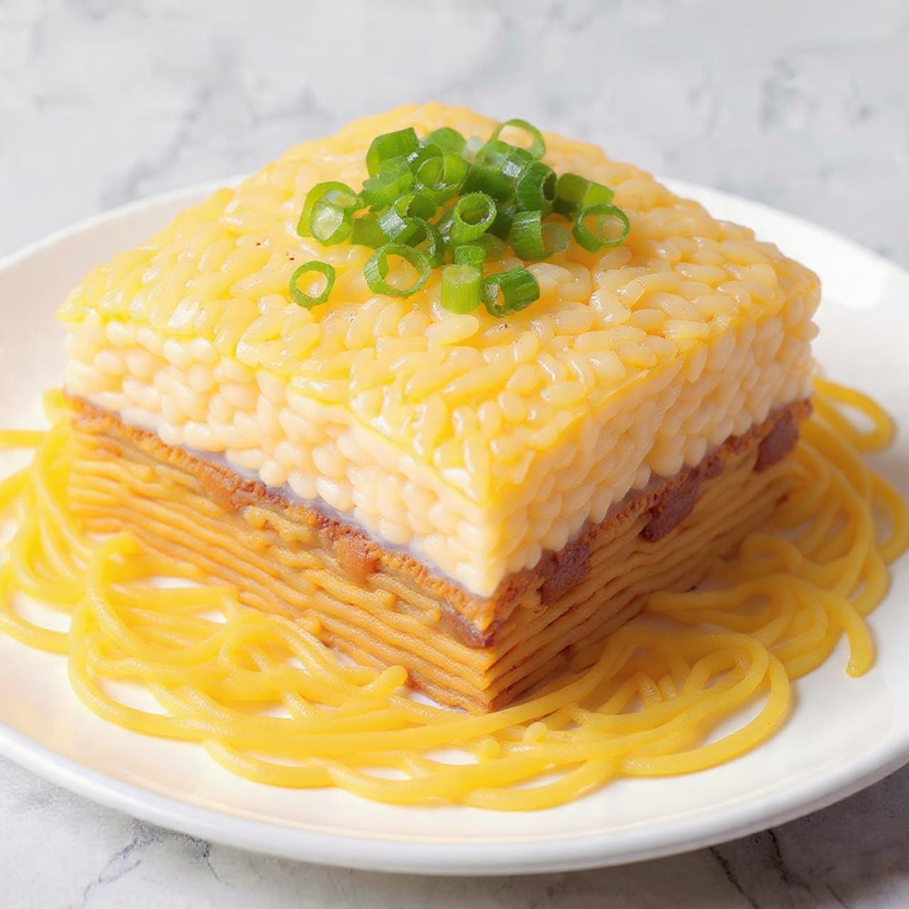 A close-up view of a slice of baked spaghetti casserole on a white plate. The bottom layer is made of golden-yellow cooked spaghetti noodles, tangled and slightly shiny. Above the noodles, there is a creamy white sauce mixed with small pieces of meat, covered by a thick layer of melted cheese that is golden brown and bubbly on top. Small bits of green herbs are sprinkled over the cheese, adding some color contrast. The plate sits on a white marbled surface, with a blurred background creating depth. Photo taken with an iphone --ar 4:5 --v 7