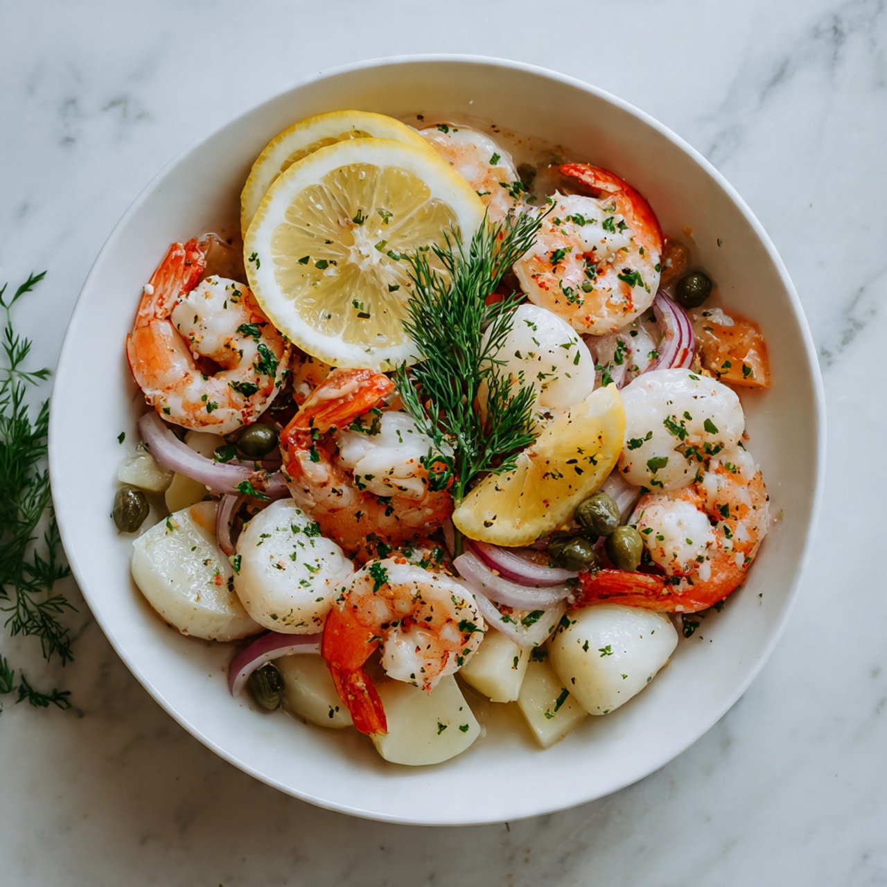 A white bowl filled with a mix of plump, white shrimp with orange tails and white scallops, all sprinkled with chopped green herbs. There are lemon wedges and a round lemon slice placed on top and around the seafood. Small green capers and thin slices of red onion add extra color. At the bottom, there are pale beige potato pieces, and the dish is garnished with a sprig of fresh green dill in the center. The bowl sits on a white marbled surface. photo taken with an iphone --ar 4:5 --v 7