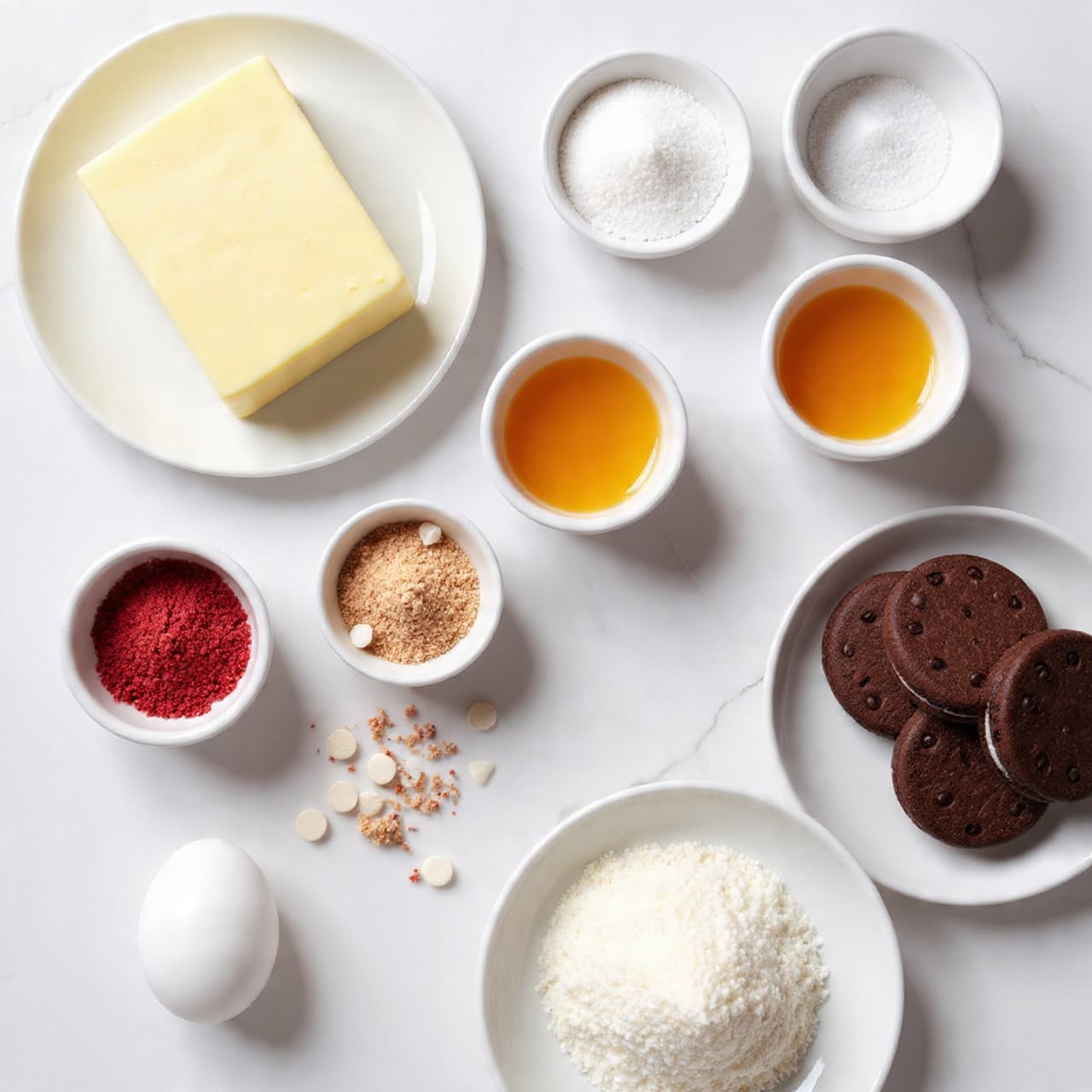 Several small white bowls and plates are arranged on a white marbled surface. On the top left is a white plate holding a large block of pale yellow butter. To the right are two small bowls holding white granulated sugar and salt. Below the sugar and salt bowls, an orange liquid sits in a tiny white bowl. To the bottom left are three more white bowls holding deep red powder, light brown sugar, and white chocolate chips. Near the bottom left corner is a single white egg. On the bottom right, a white plate holds a pile of white flour with several whole dark chocolate sandwich cookies stacked on the right side. The scene is well lit, with clear texture visible on all ingredients. Photo taken with an iphone --ar 4:5 --v 7