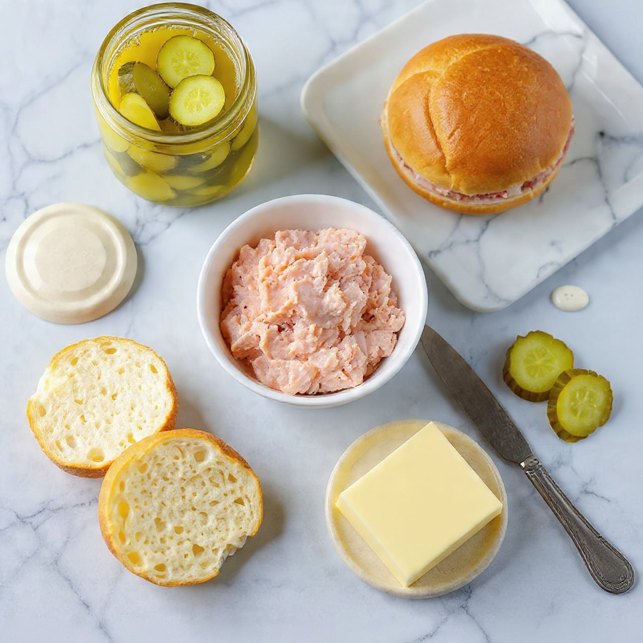 The image shows ingredients for a chicken sandwich arranged on a white marbled surface. There are two golden toasted burger buns in the top right, with one turned upside down showing a crisp texture. In the bottom left, there are two more toasted bun halves each with small dots of creamy sauce. Near the center, a small white bowl holds shredded chicken mixed with a light sauce. A spoon with the same sauce rests beside the bowl. Above the chicken, there is a large open jar filled with thick sauce, and its lid with more sauce is placed nearby. In the middle, a beige butter dish holds a slice of butter with a metal butter knife resting on it. At the bottom right, several green pickle slices are scattered near the jar. The whole scene captures the elements used to make a chicken sandwich, photo taken with an iphone --ar 4:5 --v 7