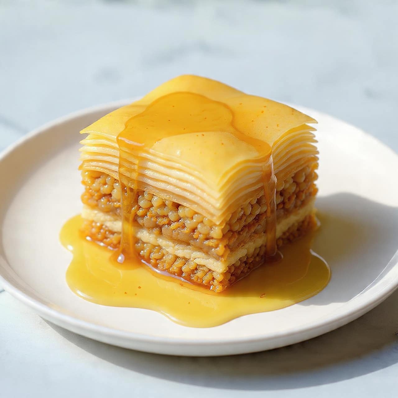 A square piece of layered baklava sits on a white plate with a ridged edge, placed on a white marbled surface. The baklava has multiple thin, crispy layers of golden brown filo dough on top, shining with honey glaze. Below the filo layers, there are two visible layers of crunchy, dark brown nut filling mixed with syrup, sandwiching a thin, creamy white layer of filling in the middle. Honey syrup pools slightly around the base, giving a sticky and shiny look to the dessert. photo taken with an iphone --ar 4:5 --v 7