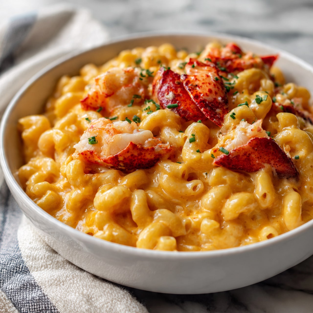 The image shows a white bowl filled with creamy macaroni and cheese topped with pieces of lobster. The macaroni is coated in a smooth, rich orange-yellow cheese sauce. The lobster chunks are bright red and placed evenly across the top. There is a sprinkle of light green herbs, likely chives, adding a fresh touch and color contrast. The bowl sits on a white marbled surface with a cozy cloth in the soft focus background. The lighting highlights the shiny, creamy texture of the cheese and the firm lobster pieces, making the dish look warm and inviting. photo taken with an iphone --ar 4:5 --v 7