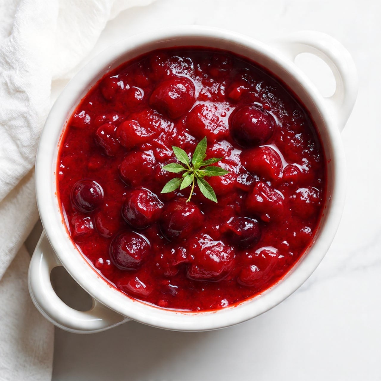 A deep red chunky sauce with whole cranberries and small green herb leaves on top sits in a white ceramic bowl shaped like a pumpkin with two handles, placed on a white marbled surface with a white cloth draped around it; the sauce has a glossy, thick texture with visible fruit pieces inside. Photo taken with an iphone --ar 4:5 --v 7