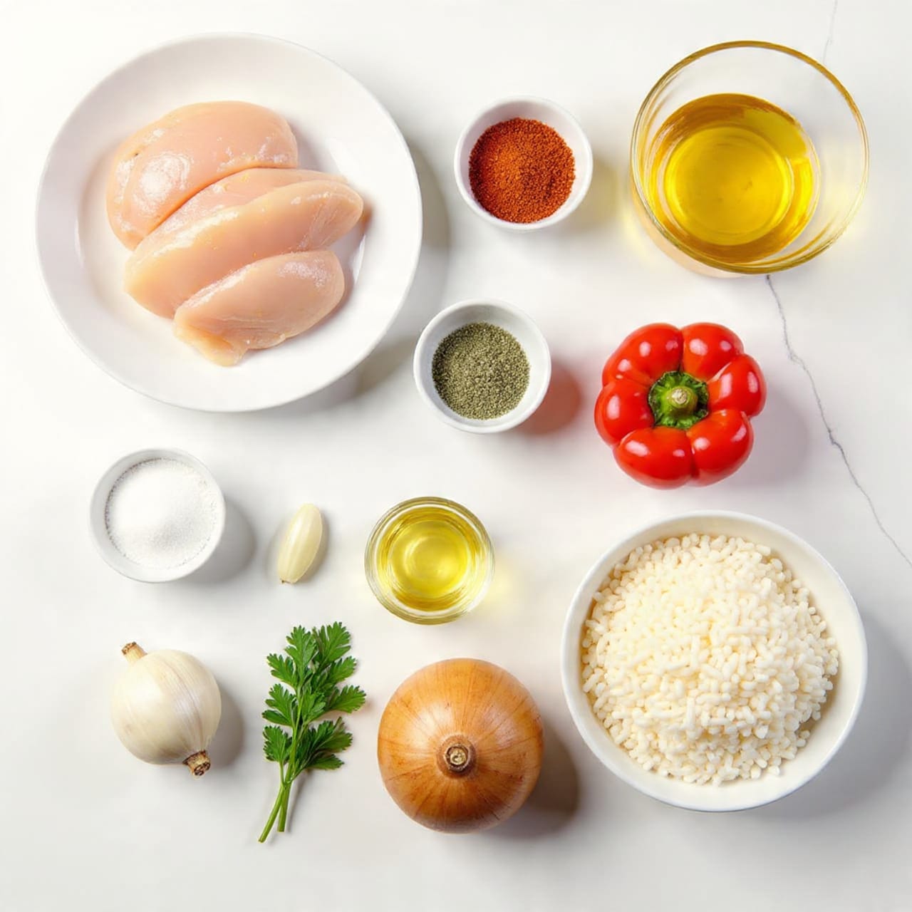 A top view of various ingredients for cooking arranged neatly on a white marbled texture. There is a white plate on the top left filled with raw light pink chicken pieces. To its right, a small white bowl contains bright red powdered spice, next to it is a clear glass bowl of golden yellow oil. Below these, there is a small white bowl with greenish pepper, a matching bowl filled with white salt, and a small glass measuring cup with more yellow oil in the middle. A clove of garlic and a bulb of garlic lie next to a sprig of fresh green parsley. At the bottom right, a white bowl overflows with fluffy white cooked rice. Beside it rests a whole red bell pepper and a round, brown onion. All items are spaced well and clearly visible. Photo taken with an iphone --ar 4:5 --v 7