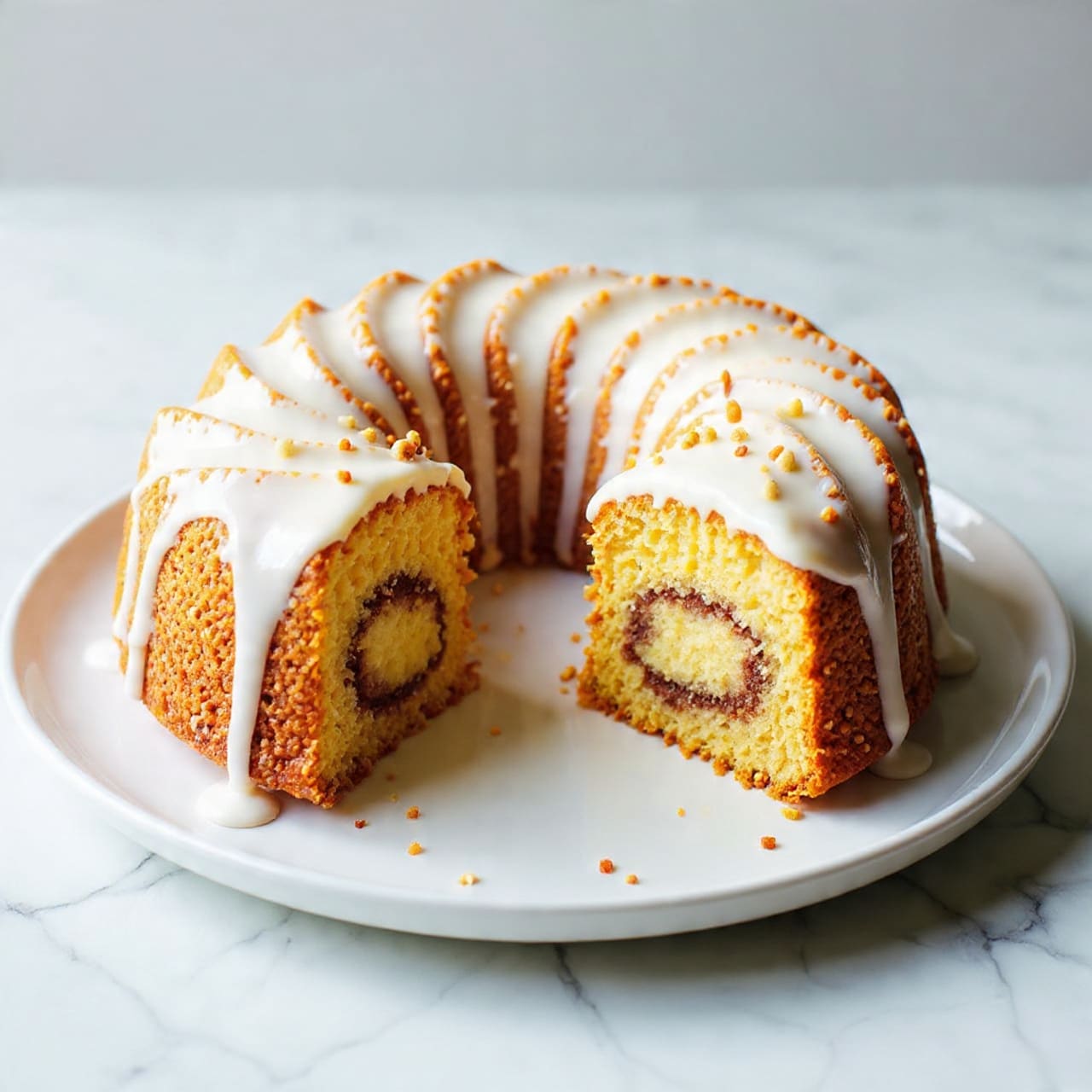 A sliced cake with a light yellow inside and a brown swirl in the middle, showing a soft and moist texture. The cake is topped with thick white icing that drips down the sides and is sprinkled with small pieces of nuts. It is placed on a white plate, and the whole scene is set on a white marbled surface. photo taken with an iphone --ar 4:5 --v 7