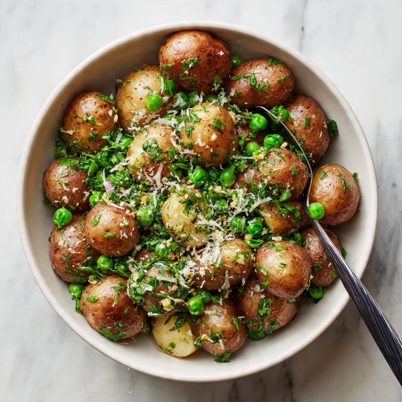 A white bowl is filled with many small brown potatoes, each with a rough skin texture. The potatoes are topped with bright green pea pieces and fresh green herb leaves. On top, there is a sprinkle of finely grated white cheese and some small bits of yellow zest. A dark spoon is partly visible inside the bowl. The bowl sits on a white marbled surface. photo taken with an iphone --ar 4:5 --v 7
