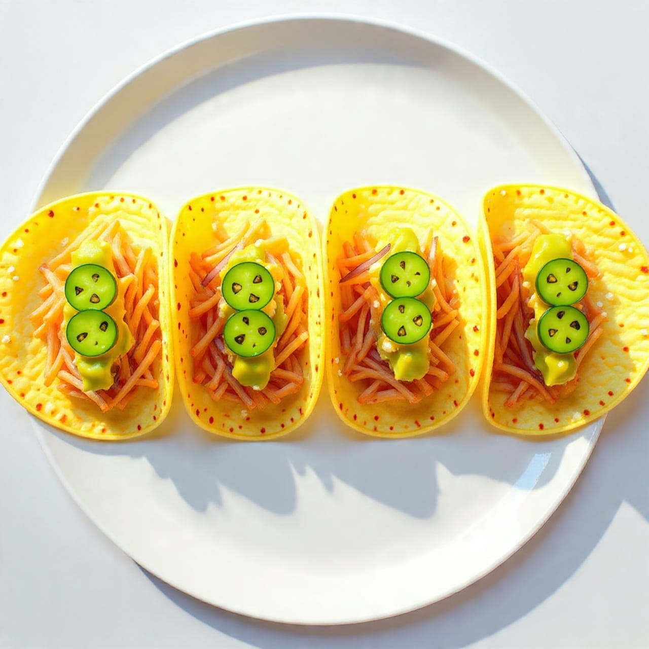 Four soft flour tortillas are arranged side by side on a white plate set on a white marbled surface. Each tortilla holds shredded light brown cooked chicken as the bottom layer, topped with bright green avocado slices, thin light purple onion slices, a thick, textured green sauce spread generously, and sprinkled with small white cheese crumbles. The tacos are shown close-up with good lighting, highlighting the fresh textures and colors of the ingredients. Photo taken with an iphone --ar 4:5 --v 7