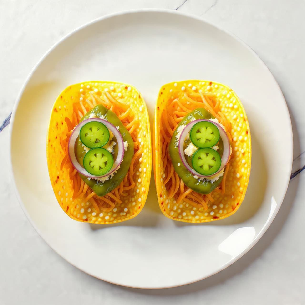 Two tacos lie side by side on a white plate placed on a white marbled surface. Each taco has two soft, slightly browned tortillas folded and filled with shredded light brown chicken as the bottom layer. On top of the chicken, slices of purple onion and green jalapeño rings add color. Bright green avocado slices and chunky green salsa with a shiny texture drape over the filling. White crumbly cheese is sprinkled on top. The photo is taken with an iphone --ar 4:5 --v 7