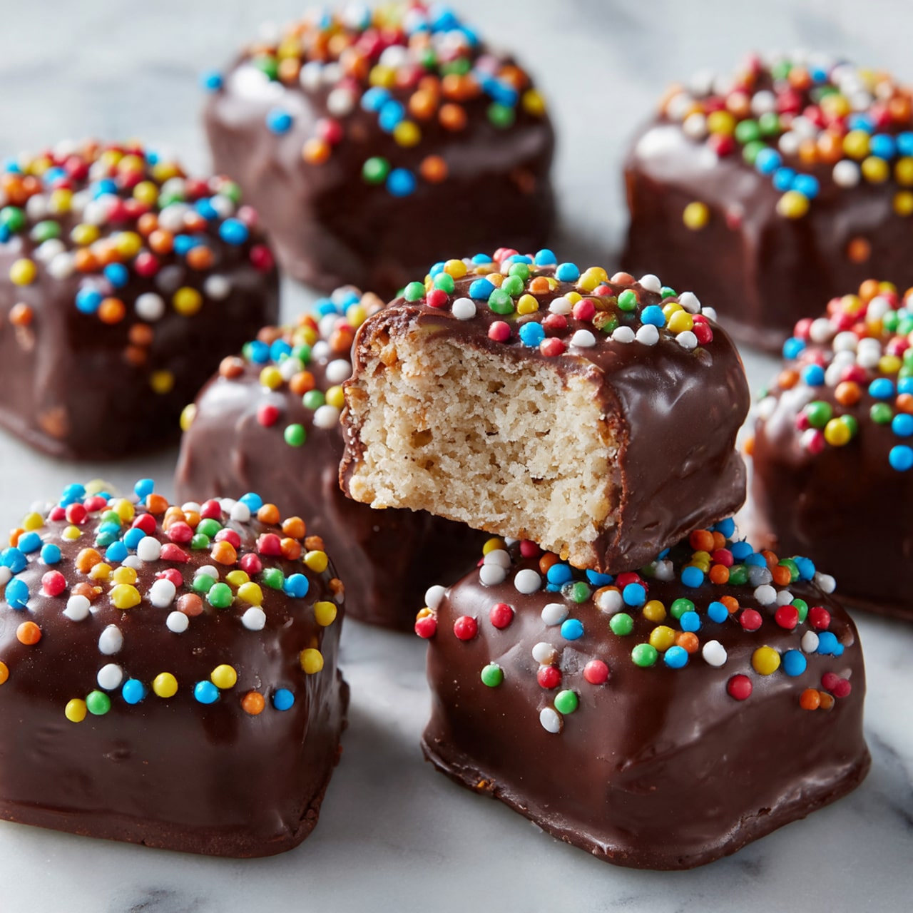 The image shows several small square cakes covered in smooth, shiny chocolate coating. Each cake has colorful round sprinkles scattered on top in colors like red, yellow, green, blue, and orange. One cake is placed in the center with a bite taken out of it, showing a light beige soft inside with a crumbly texture. The cakes are resting directly on a white marbled surface, and a woman's hand is not visible but suggested nearby. The lighting is bright, making the chocolate and sprinkles look fresh and inviting. photo taken with an iphone --ar 4:5 --v 7