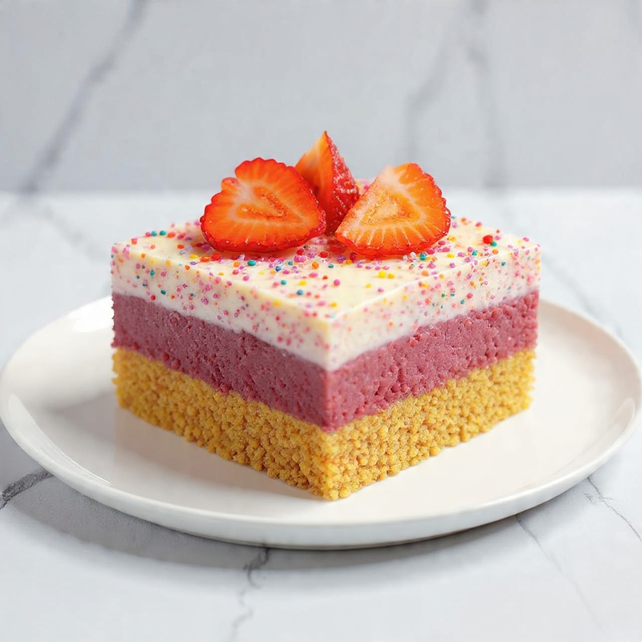 The image shows a close-up of a square dessert placed on a white marbled surface. The dessert has three layers: the bottom layer is crumbly and golden brown, resembling a cookie or oat crust; the middle layer is white and creamy with visible small red fruit pieces mixed inside; the top layer is thick and white, like frosting or cream, generously covered with colorful sprinkles in pink, purple, orange, yellow, blue, and red, and dotted with small red fruit bits. The sprinkles add a bright and festive look, while the creamy top layer looks smooth and soft. Photo taken with an iphone --ar 4:5 --v 7