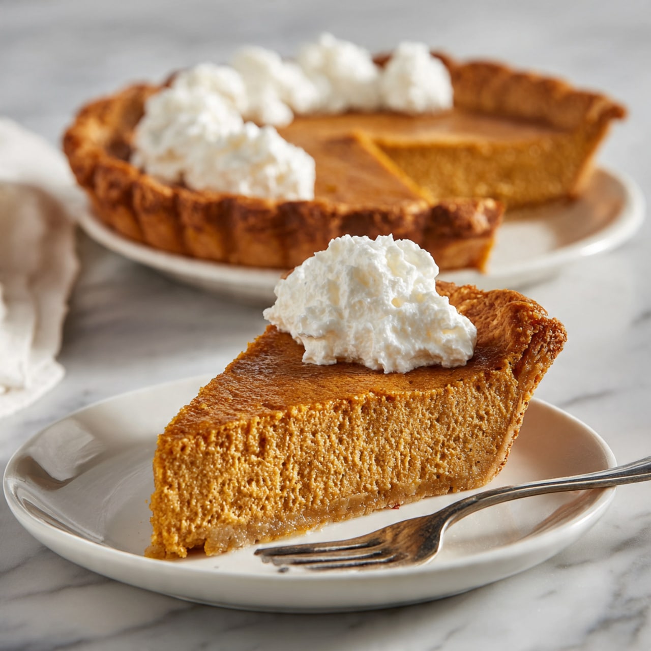 A round pumpkin pie with a golden-brown crust that is thick and slightly flaky around the edges, sitting on a clear glass pie plate over a white marbled texture surface. The pie is sliced into five pieces with one slice missing from the bottom left. The top layer is smooth and deep brown with small cracks near the crust. On top of the pie is a circle of white whipped cream dots with a larger dollop in the middle of the circle, all with a soft, fluffy texture. Photo taken with an iphone --ar 4:5 --v 7