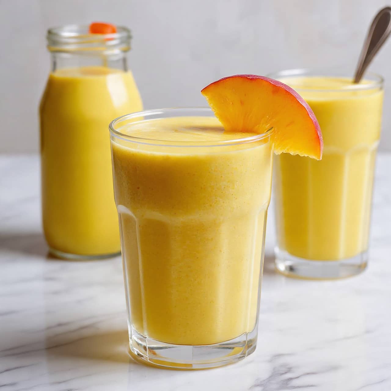 The image shows a clear glass filled with a thick peach-colored smoothie that has a smooth texture. The smoothie reaches just below the rim of the glass. A slice of fresh peach with soft orange and yellow colors is placed on the rim of the glass as a garnish. The glass is set on a white marbled surface with another glass of the same smoothie blurred in the background. photo taken with an iphone --ar 4:5 --v 7