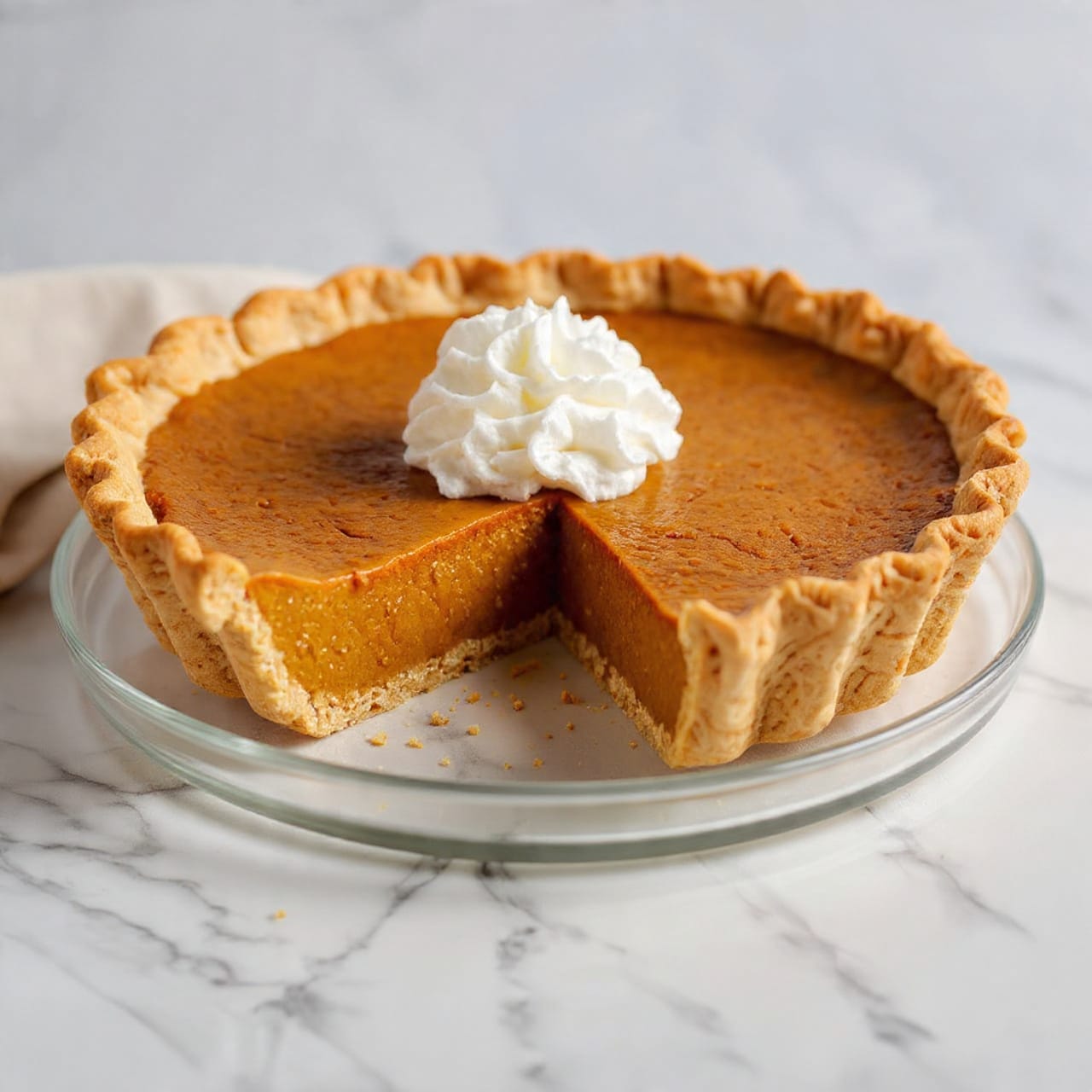 A single slice of light brown pie with a slightly rough texture sits on a white plate with a fork next to it. The slice has a golden brown crust that is crimped on the edges and a dollop of white whipped cream on top. In the background, there is a whole pie in a clear glass dish with a missing slice and more whipped cream in the center, placed on a white marbled surface. The photo has a soft focus on the whole pie and a sharp focus on the slice. photo taken with an iphone --ar 4:5 --v 7
