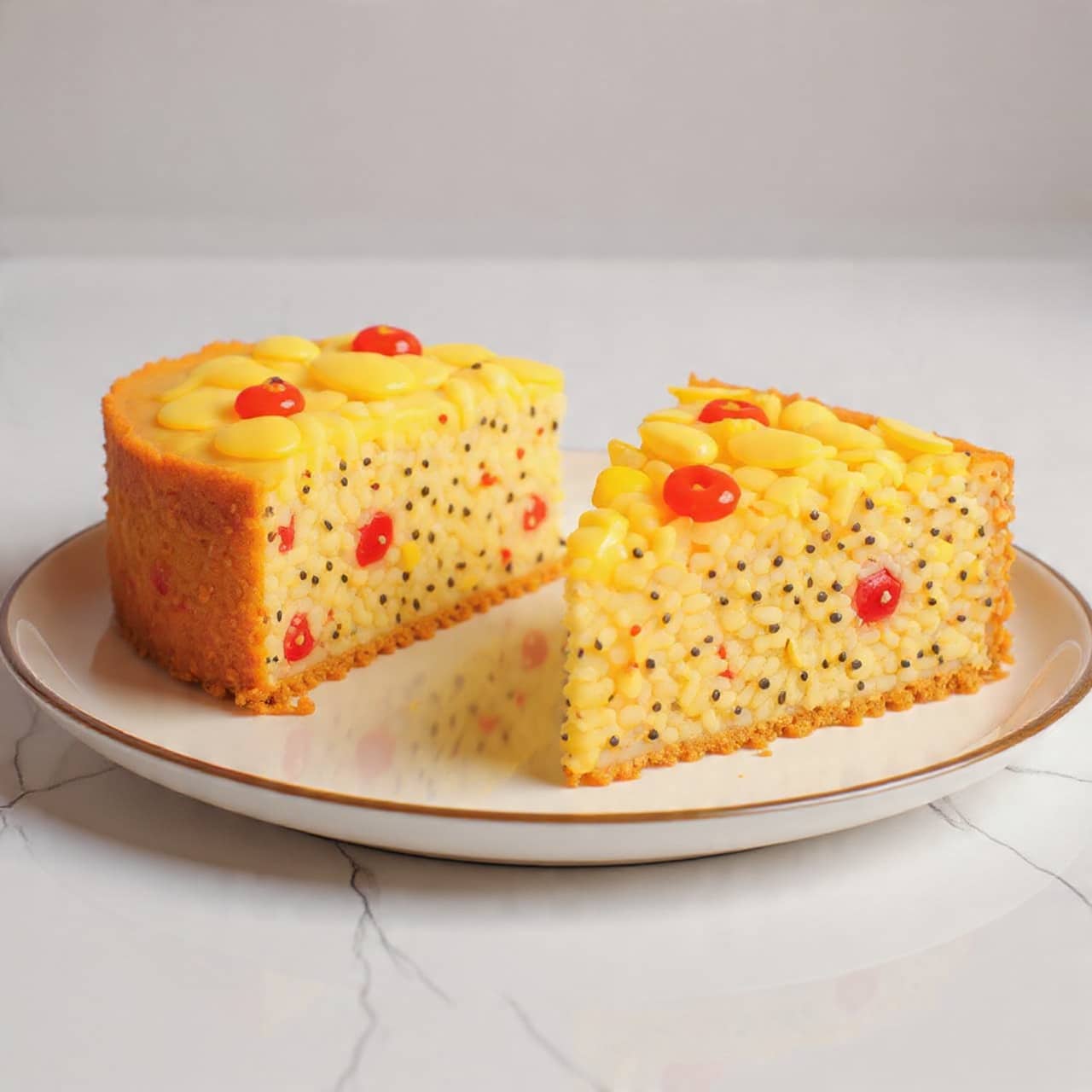 Two slices of poppy seed cake rest on a white plate with a thin gold rim, placed on a white marbled surface. Each slice has one top layer of light beige cake mixed with many small black poppy seeds and bright red cherries embedded throughout. The bottom layer is a darker brown crust with a crumbly texture, forming a sturdy base. The cake's edges are slightly golden and crisp, adding a rough texture contrast to the smooth interior. Photo taken with an iphone --ar 4:5 --v 7