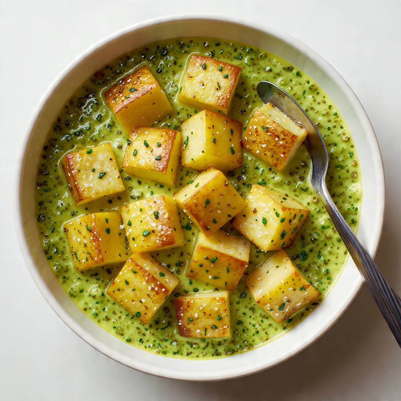 A white bowl filled with many small toasted bread cubes that are golden to dark brown with some charred edges. On top of the bread cubes, there is a thick spread of bright green pesto sauce with a slightly chunky texture. The backdrop is a white marbled surface, softly blurred in the background. photo taken with an iphone --ar 4:5 --v 7