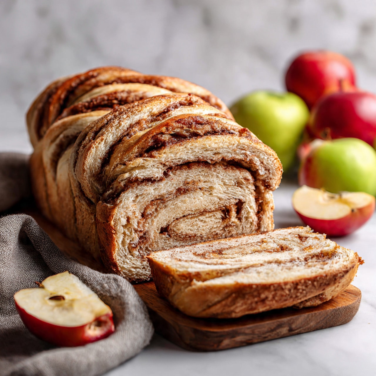 A sliced loaf of braided bread with visible layers of light brown dough and dark cinnamon swirl filling is placed on a wooden board. The bread shows a textured, slightly crispy crust with a soft, fluffy inside. In the background, there is a white marbled surface with a mixture of whole red and green apples placed around, along with one half apple in the front left. A grey cloth is casually placed on the right side near the bread. The photo taken with an iphone --ar 4:5 --v 7