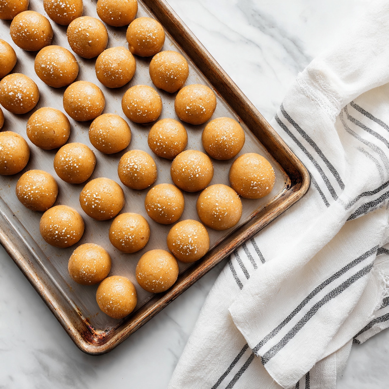This image shows a metal tray filled with neat rows of small, round dough balls, each with a light golden-brown color and a slightly shiny surface. The dough balls have tiny white specks scattered on top, giving a textured look, and they are evenly spaced on the tray. In the right corner, part of a white cloth with thin black stripes is visible, softly folded on a white marbled surface. The scene is bright with soft natural light, highlighting the smooth and slightly bumpy texture of the dough balls. photo taken with an iphone --ar 4:5 --v 7
