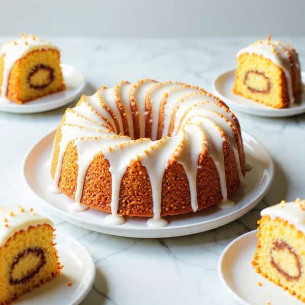 A bundt cake with a golden yellow inside sits on a white plate on a white marbled surface. The cake is thick and circular with ridged edges, holding a ring shape. On the inside, there is a visible layer of dark brown nuts and cinnamon running through the middle. The top of the cake is covered with a white glaze that drips down the sides in thick streaks. Around the bundt cake, there are slices of the same cake on white plates, showing the same yellow texture and nut filling. Photo taken with an iphone --ar 4:5 --v 7