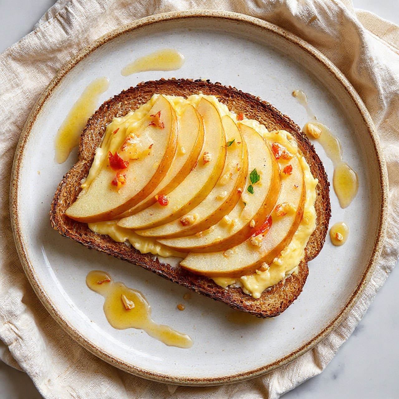 The image shows a top view of various food items arranged neatly on a white marbled surface. Starting at the top left, there is a white plate with a whole loaf of brown crusty bread. Next to it on the right are two apples with red and yellow skin. Below the apples, there is a small clear glass bowl filled with light golden honey. Beside that is a bowl filled with white cottage cheese with a soft, crumbly texture. To the left of the cheese bowl is a small bowl with fresh green herbs. Below the herbs on a white plate with a rough, natural edge are two thick slices of pale yellow butter stacked together. Moving slightly right, a white oval plate holds two blocks of white cheese and a sprig of green herbs. At the bottom center, a round white bowl contains a mix of pecan and walnut halves with rich brown and tan colors. To the left, there is a white plate holding two slices of toasted brown bread with a crisp crust. The overall scene is clean, natural, and inviting, with soft natural lighting and clear detail. Photo taken with an iphone --ar 4:5 --v 7