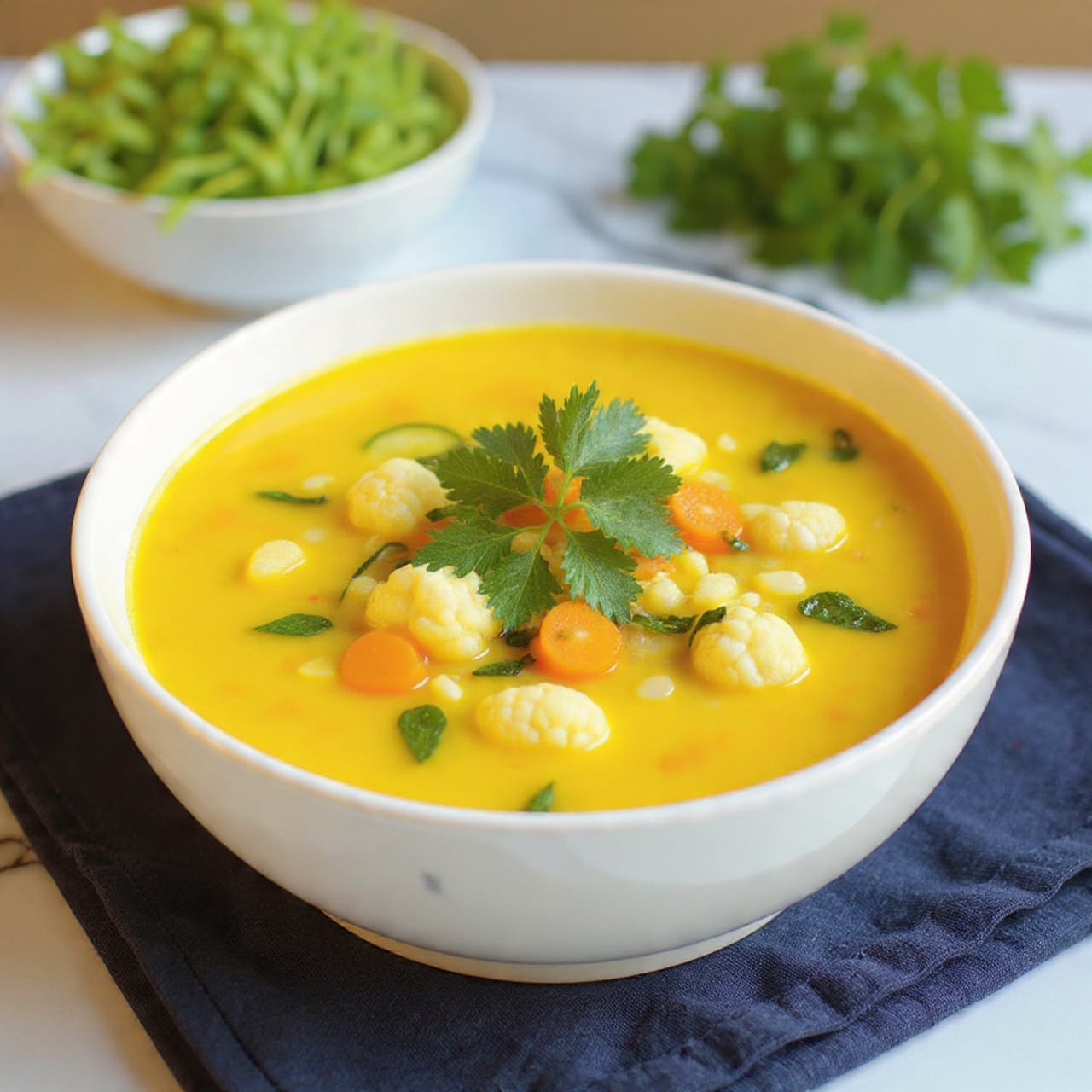 A bowl filled with a thick vegetable soup layered with small pieces of soft cauliflower in light cream color, chopped orange carrots, green spinach, and bits of onion in a creamy, pale yellow broth, topped with bright green cilantro leaves scattered evenly on top. The bowl is white with black speckles, sitting on a dark blue cloth with green leafy vegetables blurred in the background on a white marbled surface. Photo taken with an iphone --ar 4:5 --v 7