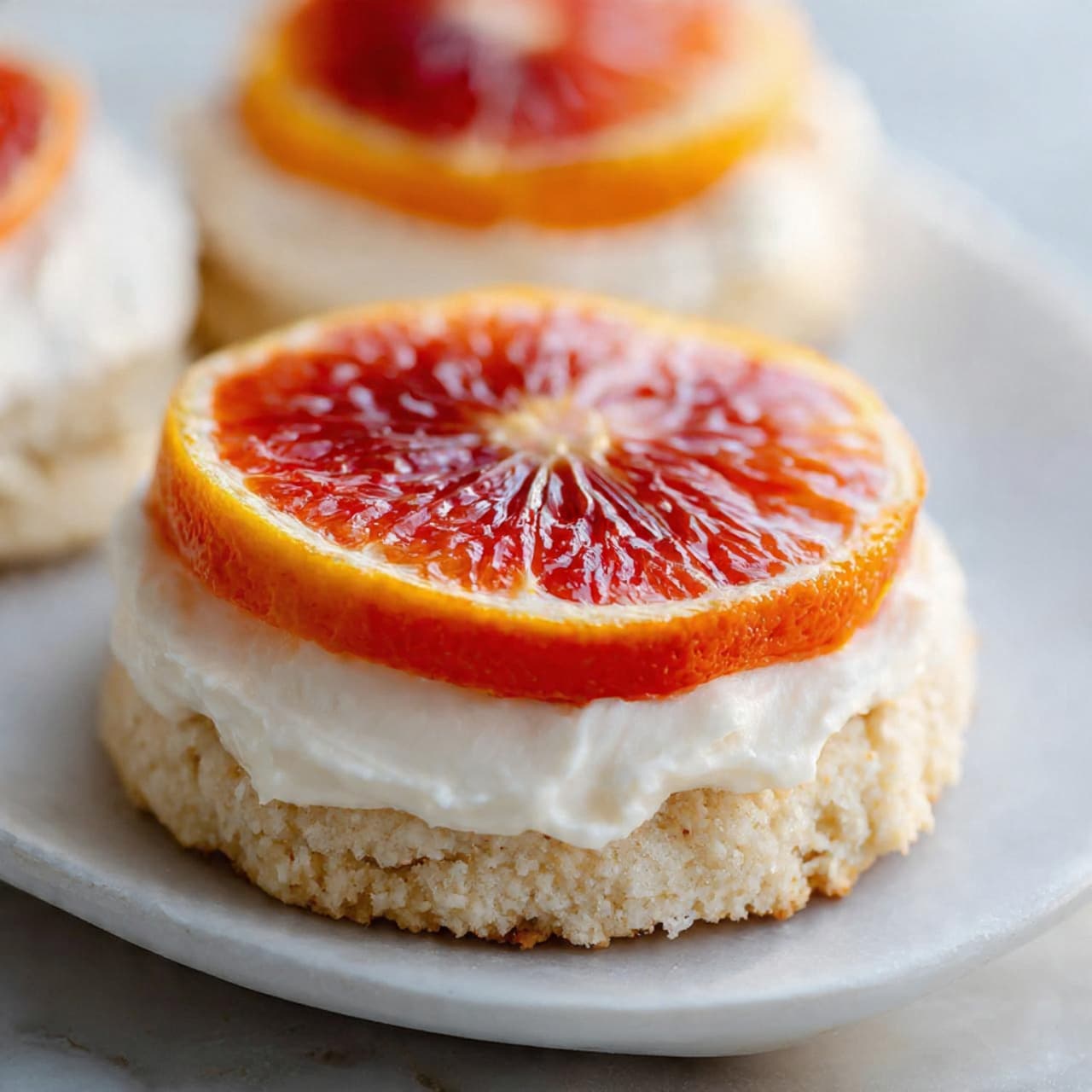 The image shows a pile of round cookies topped with bright orange and deep red dried citrus slices, arranged neatly on a black cooling rack. Each cookie has a light golden-brown base with a smooth texture, and the citrus slices on top show detailed segments with a slightly translucent, glossy look. The bright colors of the citrus contrast well with the soft, warm color of the cookie base, creating a fresh and inviting appearance. The cookies are evenly spread, overlapping a little on a white marbled surface. photo taken with an iphone --ar 4:5 --v 7