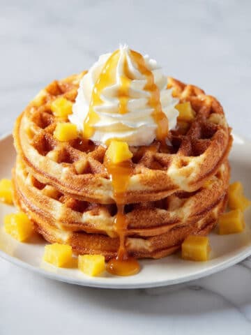 Churro Waffles with Cinnamon Sugar, Caramel Pineapple, and Whipped Cream Recipe