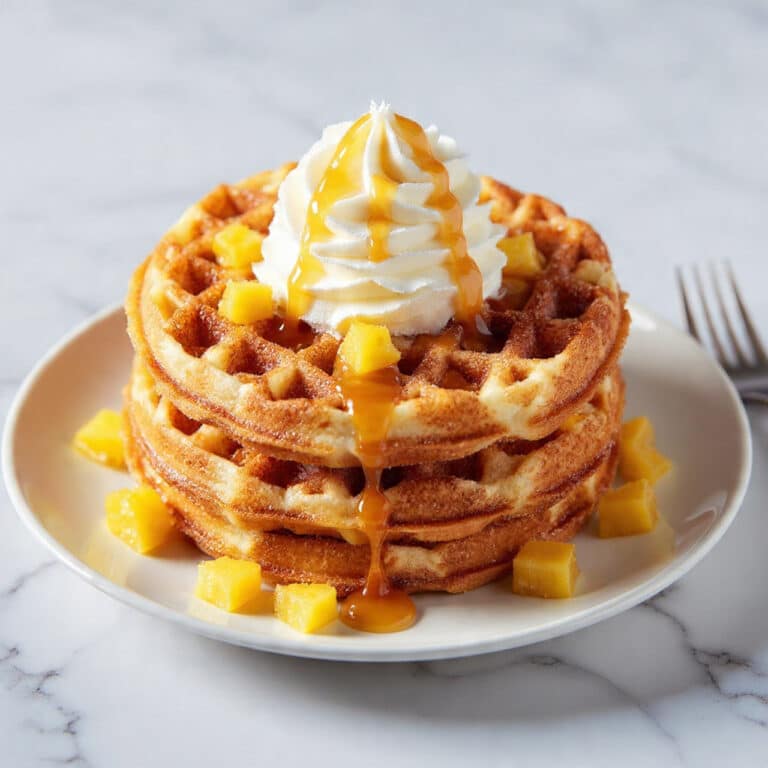 Churro Waffles with Cinnamon Sugar, Caramel Pineapple, and Whipped Cream Recipe