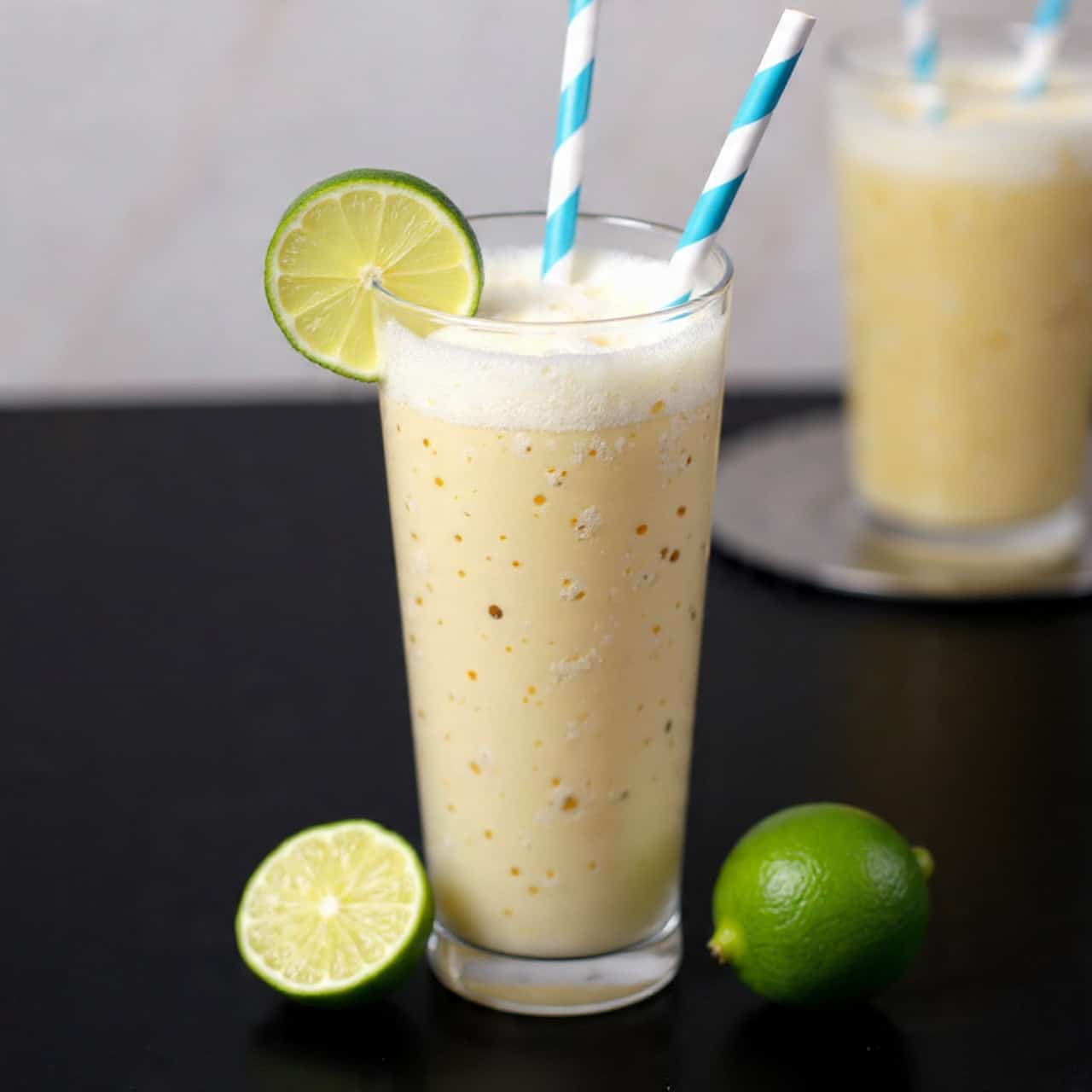 A tall clear glass filled with a creamy, pale off-white drink with small bits visible inside, topped with a thin layer of foam. On the rim of the glass, there is a bright green lime wheel, adding vibrant color. A blue and white striped straw stands upright inside the glass. Around the base of the glass on a dark surface, there are two halves of fresh lime with a juicy green interior. The background is softly blurred, with another container of the same drink partially visible. The entire scene is set against a white marbled texture. photo taken with an iphone --ar 4:5 --v 7