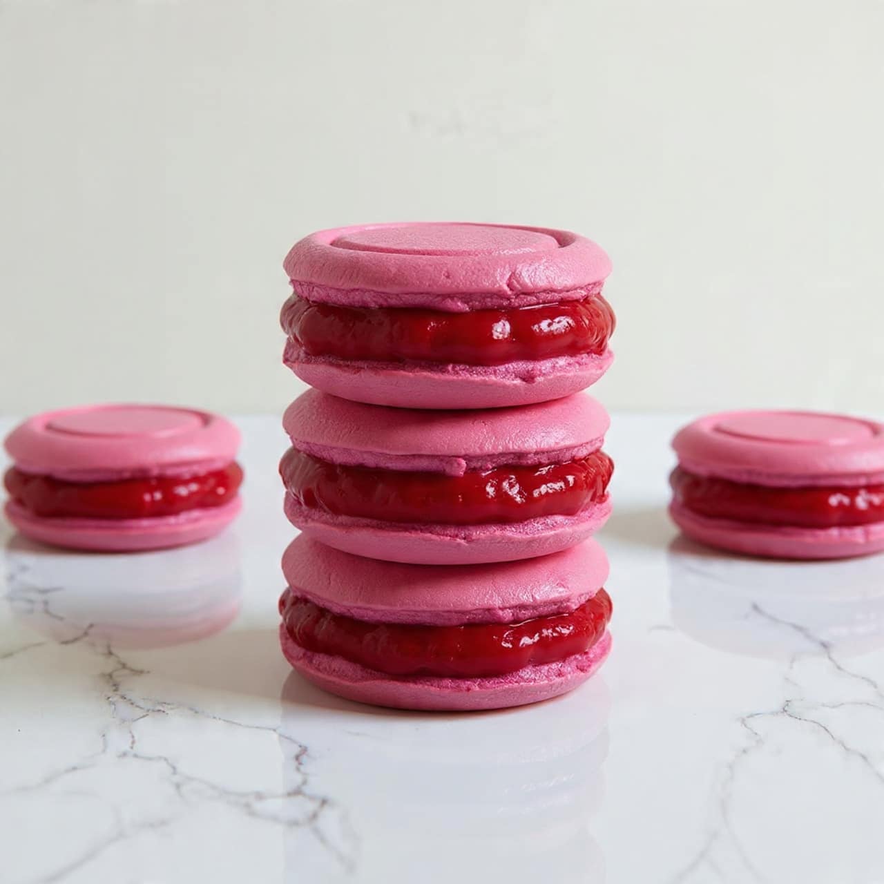 The image shows several layered meringue cookies shaped like roses arranged on a clear plate. Each cookie has two layers of light, pale pink meringue with smooth, swirled texture and delicate ridges that form a rose pattern. Between the two meringue layers, there is a thick, glossy dark chocolate filling. The plate is set on a white marbled surface. photo taken with an iphone --ar 4:5 --v 7