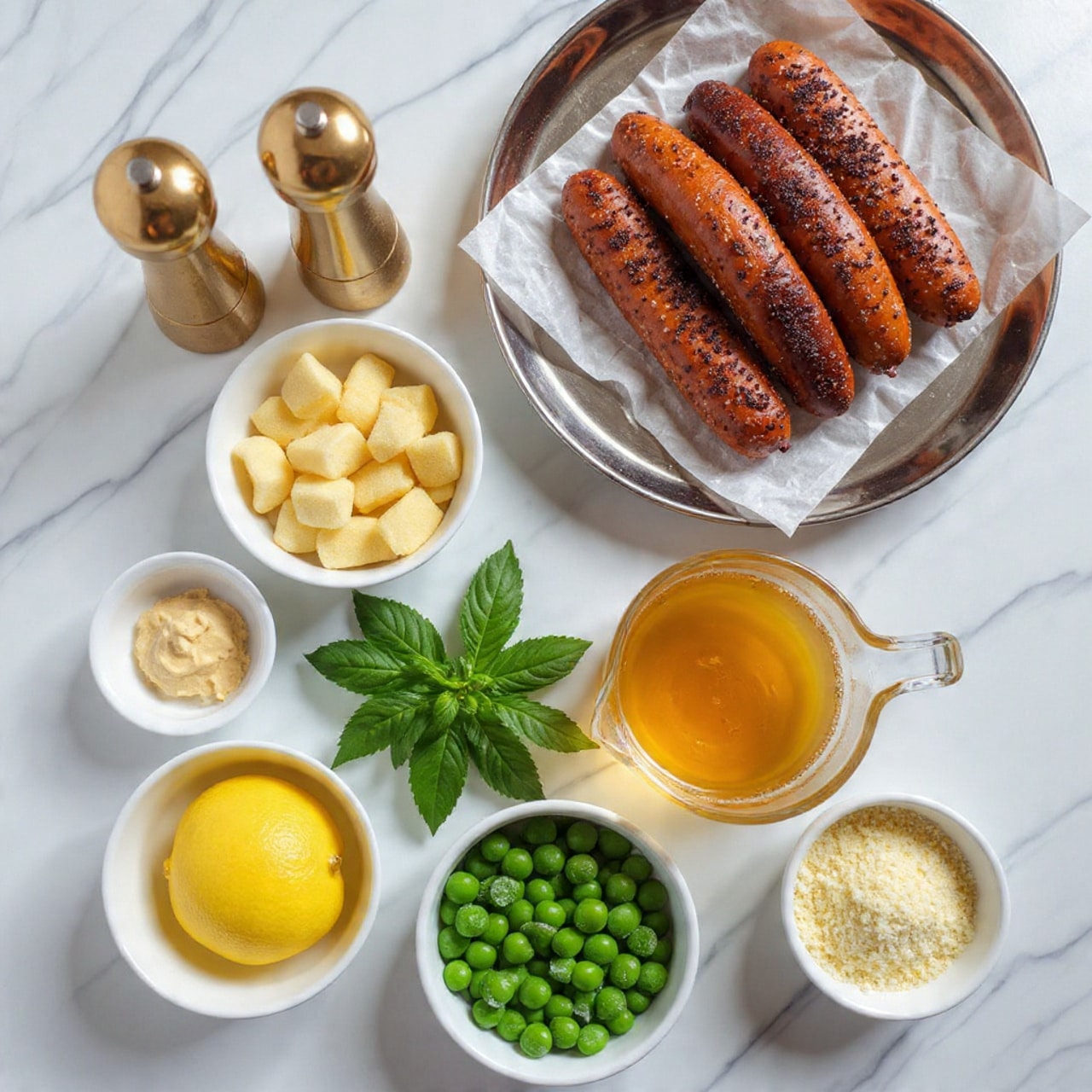 The image shows ingredients neatly arranged on a white marbled surface, including four raw sausages with a coarse brown texture placed on crumpled white parchment paper on a metal tray at the top right. To the left of the tray, a white bowl filled with pale yellow gnocchi shapes sits next to two tall, shiny gold-colored salt and pepper grinders. Below the gnocchi is a small white bowl with a dollop of light beige mustard, and further down is a whole bright yellow lemon. Near the lemon is a clear glass measuring cup filled with light amber broth. To the right of the broth, there is a small bunch of fresh, dark green basil leaves, and below that, a white bowl with a rough texture filled with small frozen green peas. Next to the peas is a white measuring cup holding grated pale yellow parmesan cheese. Photo taken with an iphone --ar 4:5 --v 7