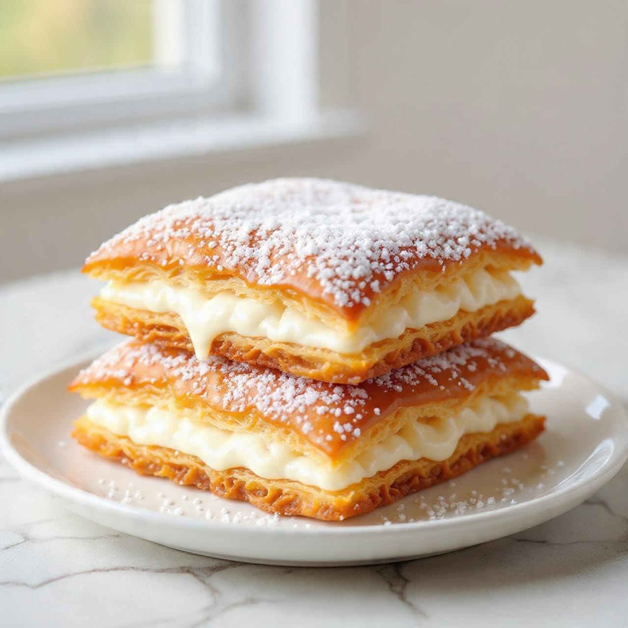 The image shows two golden brown fried pastries stacked on a white plate. The top pastry is puffed up and covered with a thick layer of white powdered sugar, while the bottom one has a thinner coating of powdered sugar. The pastries have a slightly crispy texture on the edges and a softer, lighter inside visible through small bubbles on the surface. The plate sits on a white marbled surface, and natural light from the background window softly illuminates the scene. photo taken with an iphone --ar 4:5 --v 7