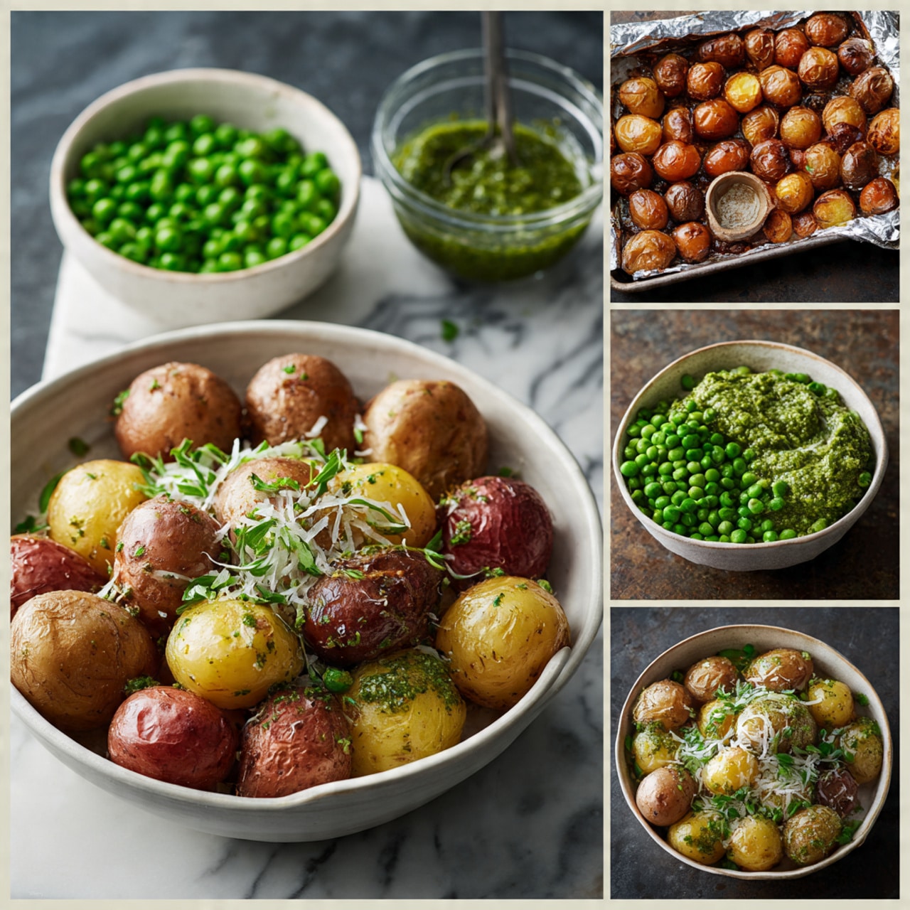 The image shows small round potatoes in different colors: red, yellow, and brown, arranged in several stages. In the top-left part, raw potatoes sit in a white bowl with fresh green peas in a glass bowl, green pesto sauce in a small clear bowl, and seasoning in other small clear bowls on a dark stone surface. The top-center shows the potatoes roasted, spread out on a baking tray lined with foil, their skins browned and shiny. The top-right displays cooked potatoes placed in a white bowl alongside cooked bright green peas, topped with a generous spoonful of green pesto sauce. The bottom image is a close-up of the final dish in a white bowl, showing the roasted potatoes layered with green peas, topped with green pesto, and finely grated cheese, garnished with a small sprig of green herbs on top. The textures vary from smooth pesto to slightly rough grated cheese and the firm skins of the potatoes, all set on a white marbled surface. Photo taken with an iphone --ar 4:5 --v 7