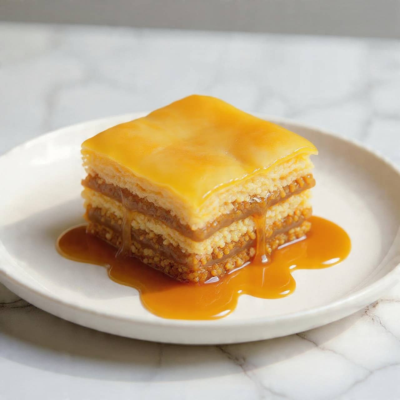 A square piece of baklava sits on a white plate with a white marbled texture beneath it. The baklava has several thin, golden-brown layers of crispy, shiny pastry on top. Below the flaky layers is a thick, pale creamy layer that looks soft and smooth. Underneath this is a dense layer full of chopped nuts mixed in a sticky syrup, rich brown in color. The syrup pools around the baklava, making the bottom part look moist and glossy. The edges of the baklava show the different layers clearly, with a shiny, slightly oily finish. Photo taken with an iphone --ar 4:5 --v 7