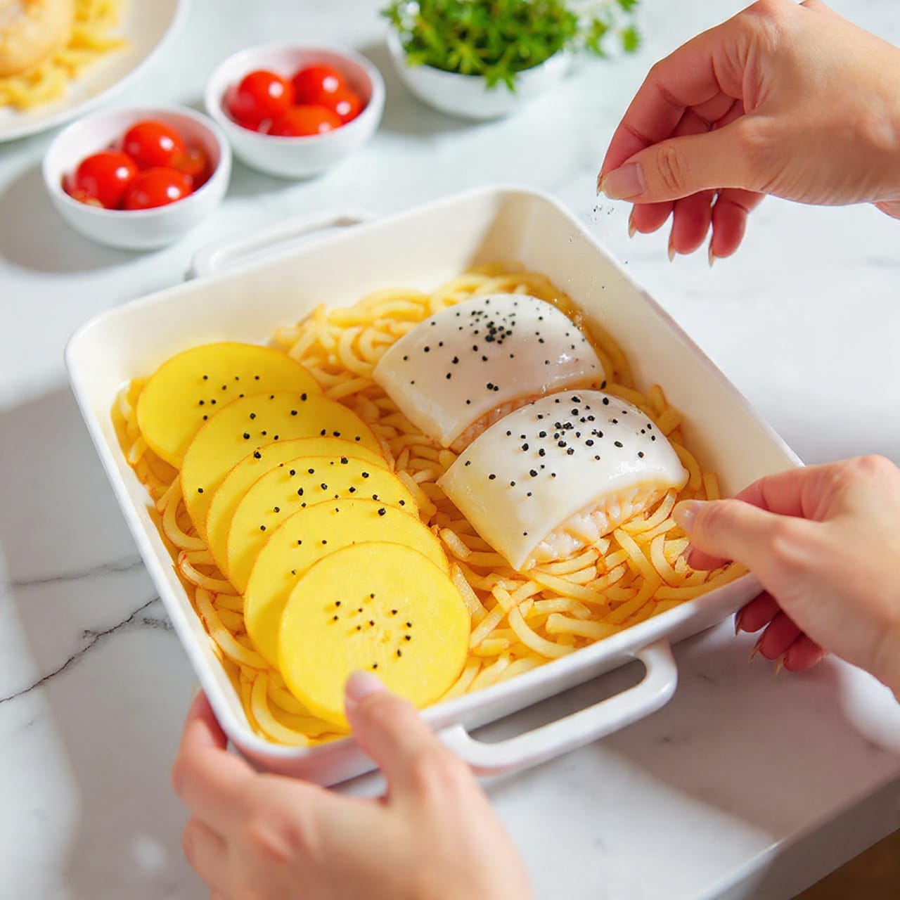 A white rectangular baking pan holds two layers of food arranged side by side. On the left side, there is a single layer of round yellow potato slices with a bit of black seasoning on top, showing a smooth, slightly shiny texture. On the right side, there is a single layer of white fish fillets laid out evenly, with a soft, slightly translucent look and some black seasoning scattered on them. Two woman's hands are seen; one is reaching from the bottom right to hold the pan, while the other is sprinkling seasoning on the fish. The pan is set on a white marbled surface, with blurred small bowls filled with colorful cherry tomatoes and fresh green herbs in the background, all softly lit by natural light. photo taken with an iphone --ar 4:5 --v 7