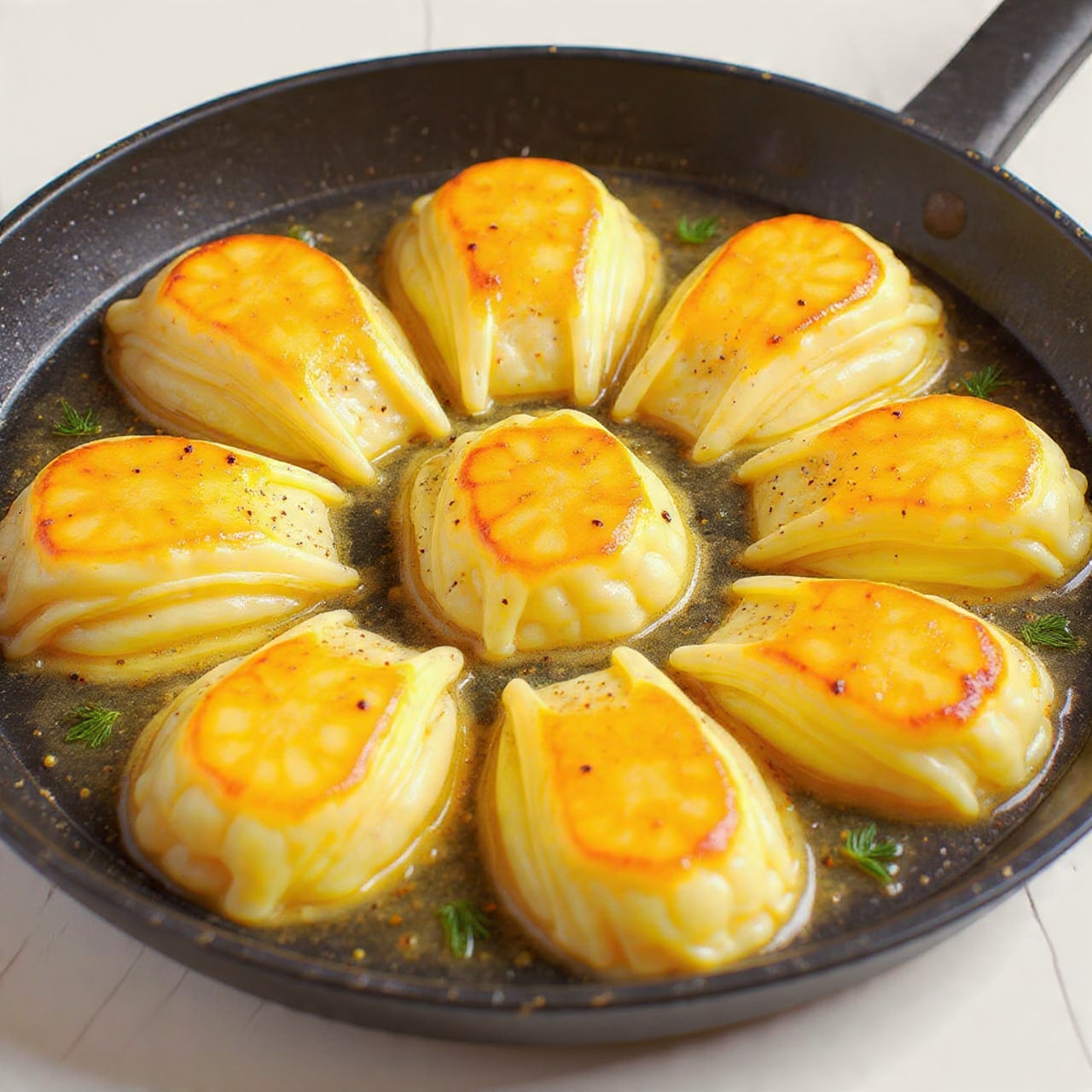 The image shows a close-up of six pieces of cooked cabbage wedges arranged in a black pan, each wedge having layered, translucent leaves with a golden-brown, slightly crispy surface on top and light char marks. The cabbage is seasoned with black specks of pepper and garnished with small bright green chopped herbs scattered evenly across the pieces. The texture of the cabbage leaves looks tender and juicy with some shiny spots from oil or butter. The background surface around the pan features a white marbled texture. photo taken with an iphone --ar 4:5 --v 7