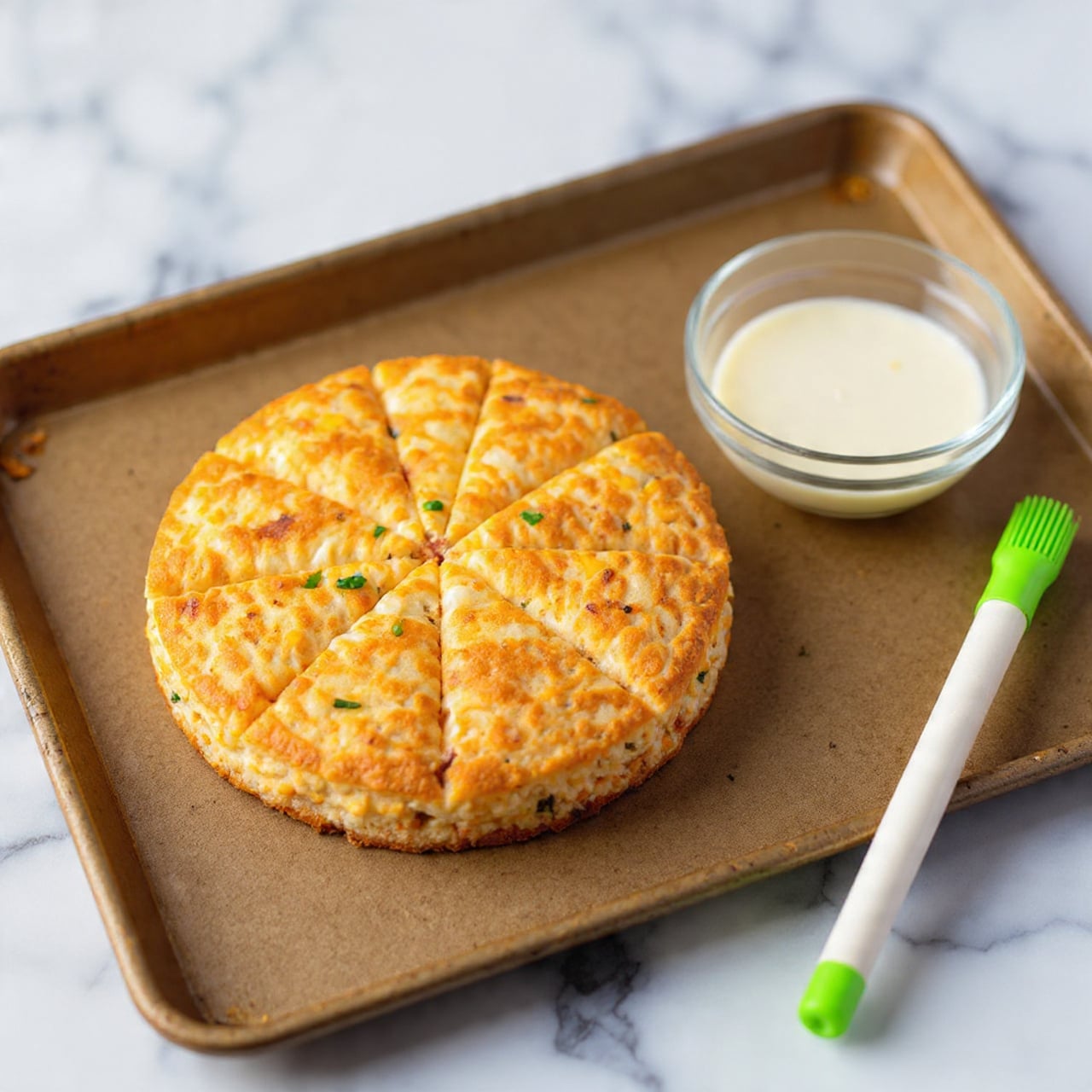 A round scone cut into eight equal triangle pieces sits on a baking tray lined with a brown mat; the scone is light beige with visible small bits of orange cheddar and green herbs spread throughout. Next to the scone is a small glass bowl filled with white liquid and a white brush with a bright green silicone tip resting parallel to the bowl. The background surface beneath the tray is a white marbled texture. photo taken with an iphone --ar 4:5 --v 7