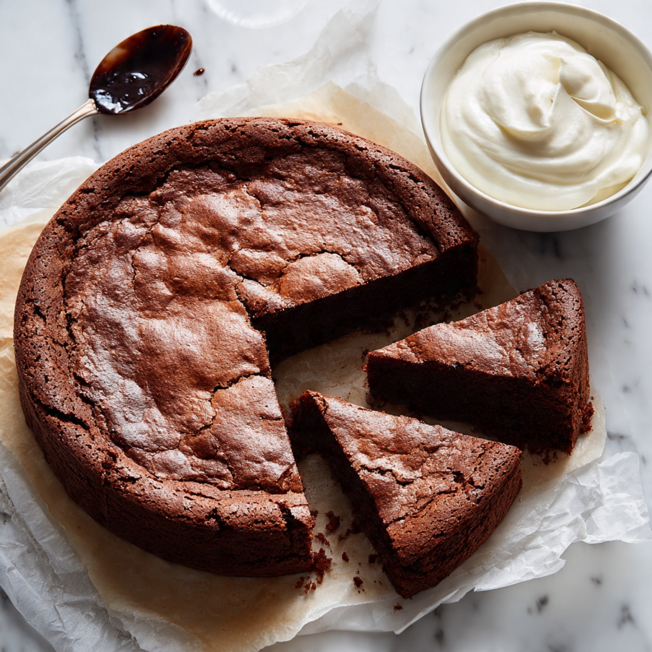 A round, thick chocolate cake with a cracked crust is placed on parchment paper over a white marbled surface. The cake has a rich dark brown color and is partially sliced into triangular pieces, with one slice slightly pulled out. To the side, there is a white bowl filled with smooth white cream and a spoon with some dark chocolate sauce resting on the surface nearby. A woman's hand is reaching toward the cake, about to pick up a slice. The overall setting is bright and clean, with a focus on the texture of the cake crust and the creaminess of the side dish. Photo taken with an iphone --ar 4:5 --v 7