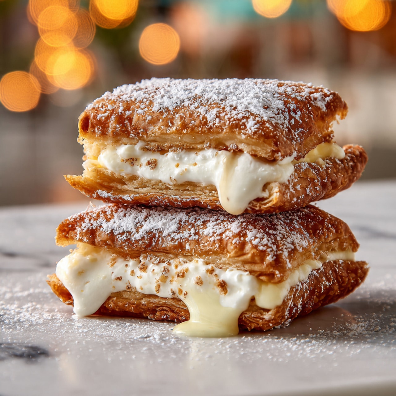 Two square golden brown fried pastries are stacked on top of each other on a white marbled surface. The top pastry is sliced open horizontally, revealing a creamy white filling with a smooth and slightly thick texture that is dripping slightly. Both pastries are dusted generously with white powdered sugar, which also lightly covers the marbled surface around them. The background is softly blurred with warm lights. photo taken with an iphone --ar 4:5 --v 7