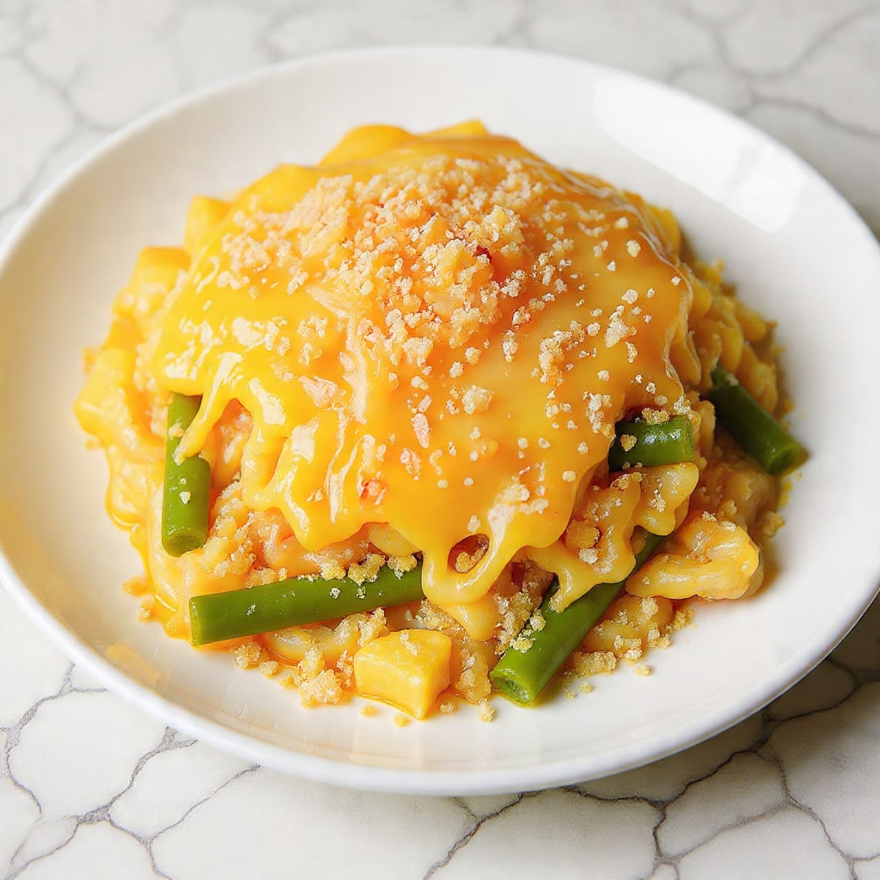 The image shows a close-up of a baked casserole in a brown dish with three clear layers. The bottom layer is a creamy mix of light yellow chunks of potatoes and green beans, with pieces of cooked white chicken visible. The middle layer is a smooth, melted pale yellow cheese sauce that coats the vegetables and chicken. The top layer is a thick, crunchy topping of golden-brown fried onion strings scattered evenly across the surface. The background is a white marbled surface. photo taken with an iphone --ar 4:5 --v 7