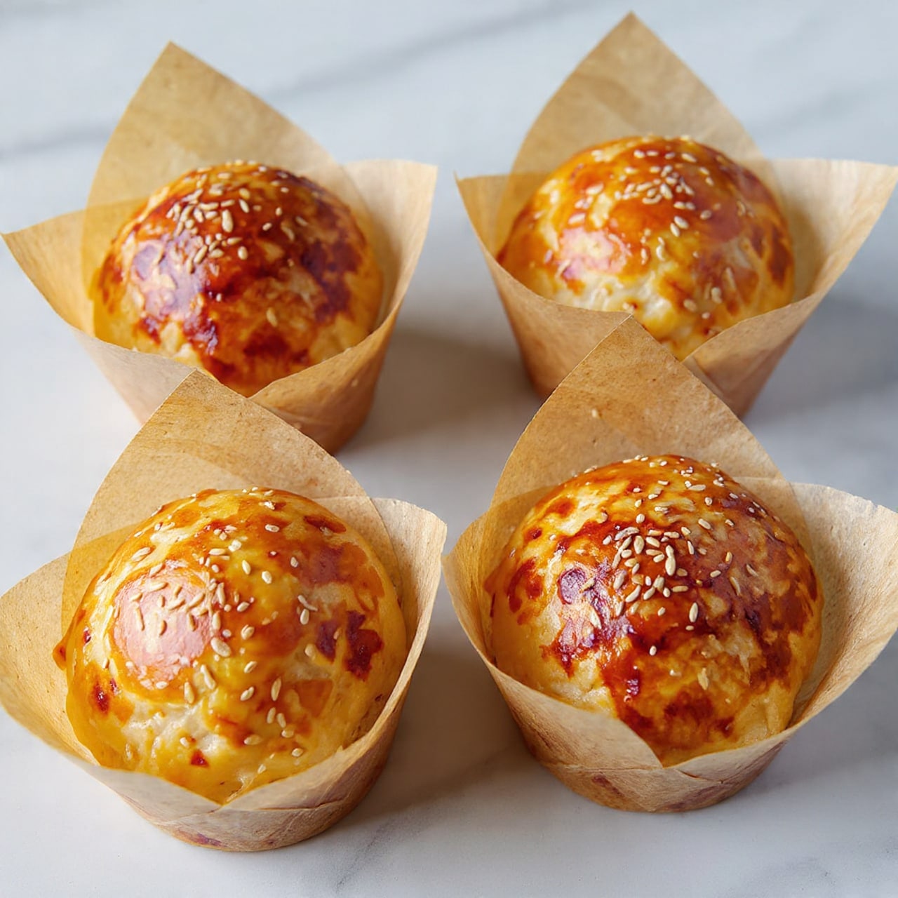 The image shows four savory pastry cups wrapped in light brown parchment paper, each with a textured golden-brown crust covered in sesame and flax seeds. Inside each cup, there are visible layers of melted white and orange cheese mixed with small pieces of browned sausage and green herb pieces. The pastries have a flaky, layered look with a slightly crispy edge. They are placed close together on a white marbled surface. photo taken with an iphone --ar 4:5 --v 7