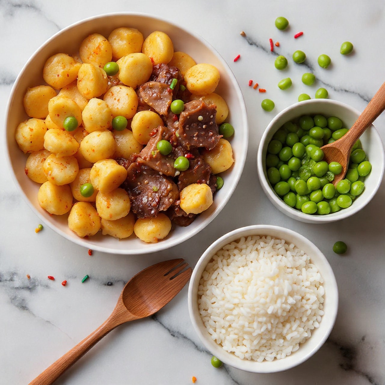 The image shows a white plate filled with a colorful dish made of small golden-brown gnocchi, pieces of cooked meat, bright green peas, and green beans mixed together. The dish looks warm and slightly glossy with a bit of texture from the cooked meat and vegetables. A silver fork rests on the right side of the plate, slightly touching the food. Next to the plate is a smaller white bowl with plain white rice. The whole setup is on a white marbled surface. Photo taken with an iphone --ar 4:5 --v 7