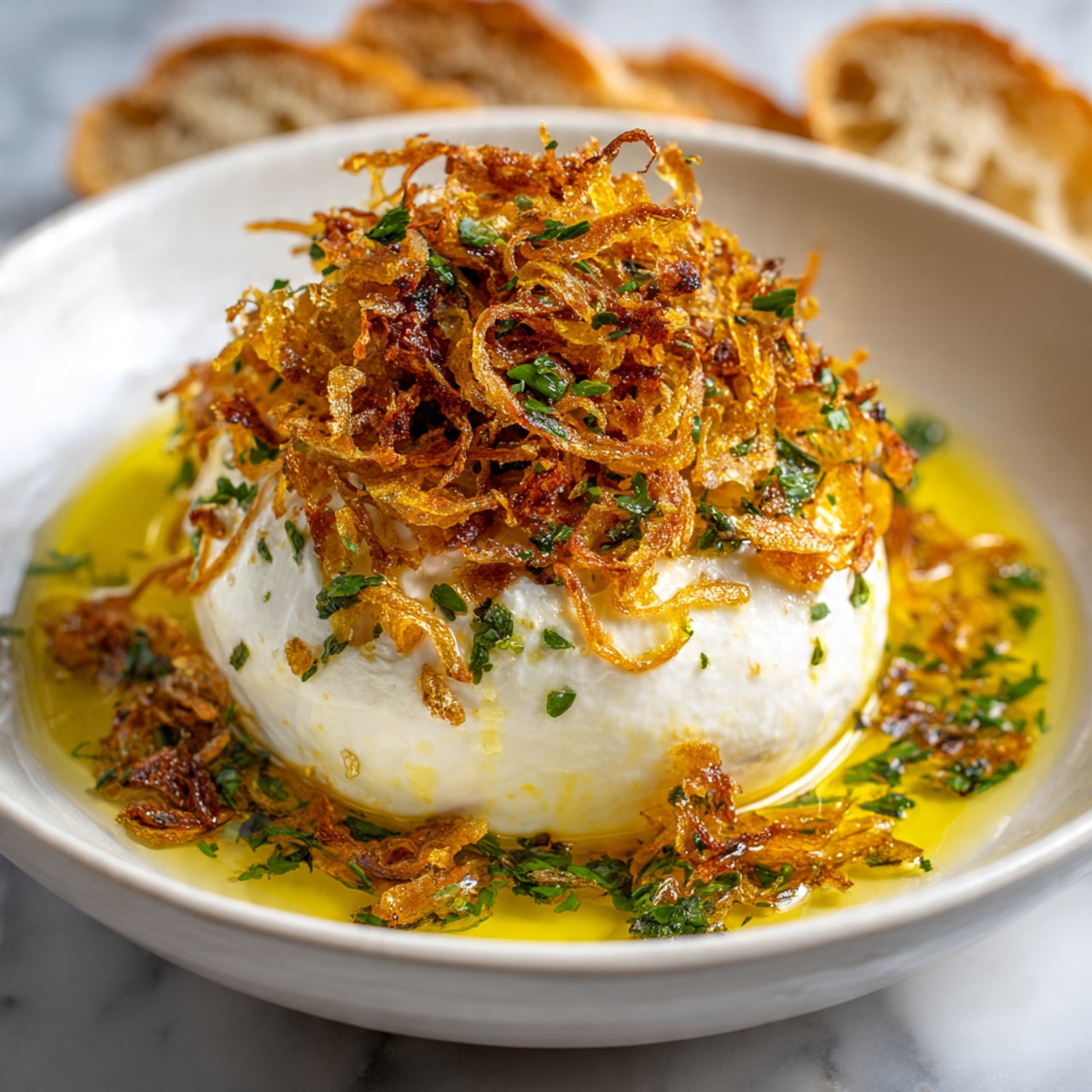 A white ceramic bowl filled with a layered dish topped with a golden-brown melted cheese crust that is slightly bubbly and browned on top, with cheese dripping down the sides of the bowl. The dish has multiple layers visible through the top crust, suggesting a rich texture beneath. The bowl sits on a white plate on a white marbled surface, and in the background, there are some toasted bread slices slightly out of focus. photo taken with an iphone --ar 4:5 --v 7