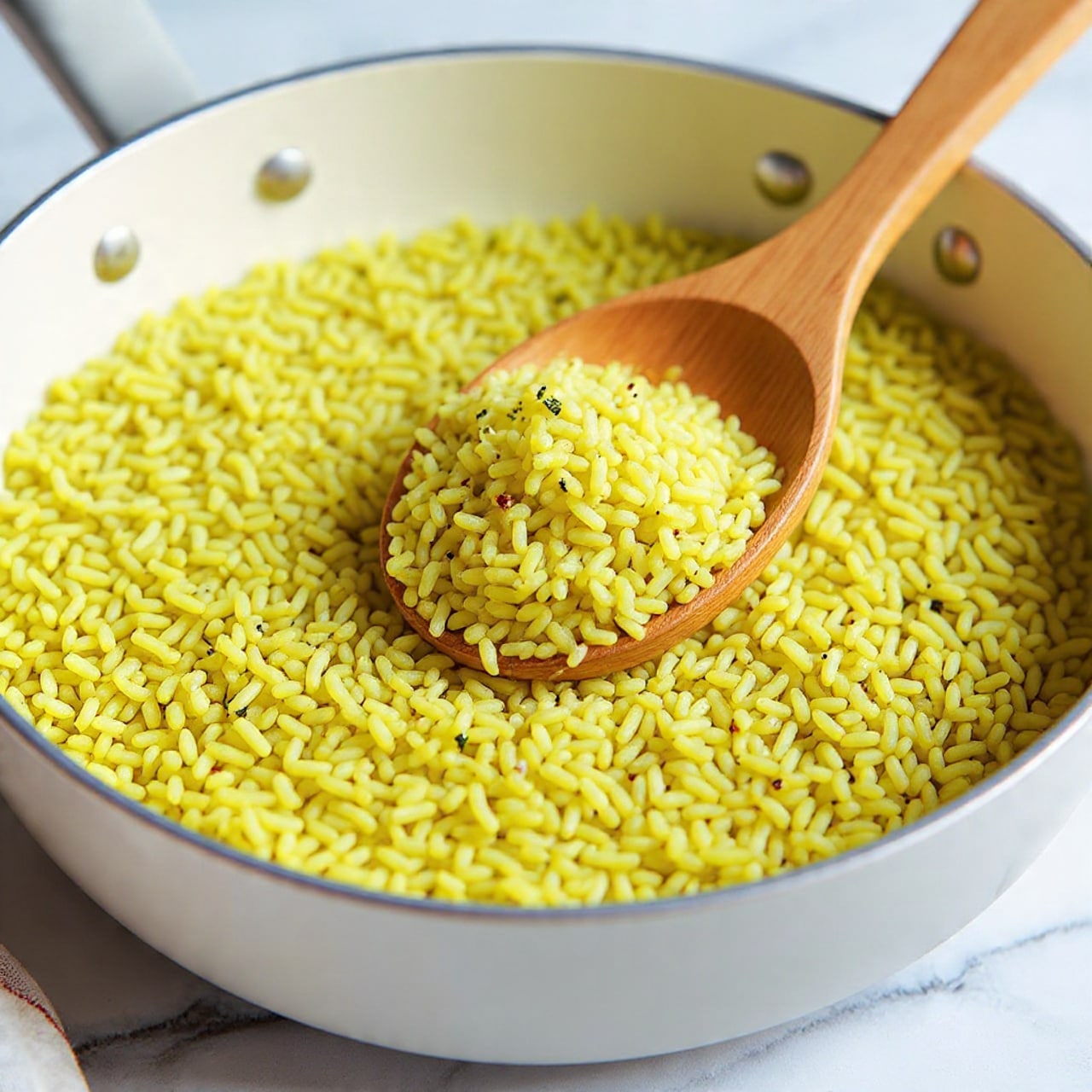 A close-up view of a wooden spoon scooping yellow-green seasoned rice from a pan. The rice grains are fluffy and separate, mixed with small bits of herbs and spices giving a textured look. The rice fills the white pan entirely, sitting on a white marbled surface in the background. The image focuses on the rich texture and color of the rice with the wooden spoon partially buried inside. photo taken with an iphone --ar 4:5 --v 7