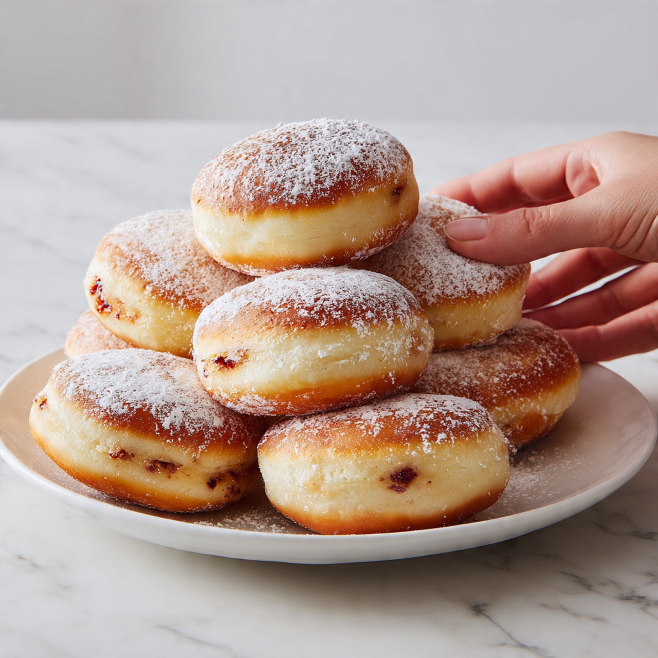 A white plate is filled with a stack of round, golden-brown pastries that look soft and slightly shiny on top. Each piece has small spots of a reddish filling peeking through the light, fluffy dough. The pastries are dusted lightly with white powdered sugar, adding a delicate touch on their tops. The plate rests on a white marbled surface, and part of a woman's hand is reaching toward the stack from the side. Photo taken with an iphone --ar 4:5 --v 7