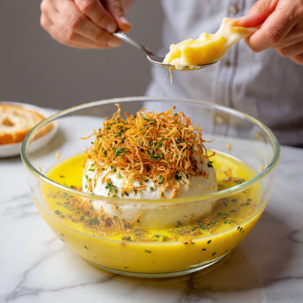 This image shows a white ceramic bowl filled with French onion soup, placed on a white plate with a doily underneath. The soup is topped with a layer of melted golden cheese that flows down the sides of the bowl, with visible browned spots. Beneath the cheese, there are caramelized onion pieces and a dark broth. A small sprig of green herbs, likely parsley, sits on top of the cheese. In the background, a person wearing a blue and white striped shirt is pouring extra melted cheese over the soup, their woman's hand partly visible. The setting is on a white marbled surface. Photo taken with an iphone --ar 4:5 --v 7