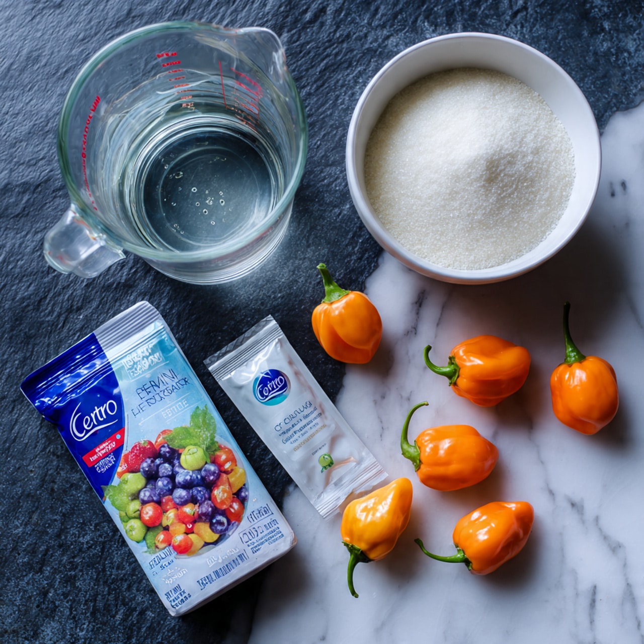 The image shows a clear glass measuring cup filled with water on the top left, next to a white bowl full of fine white sugar on the right side. Below the measuring cup and bowl are two packages of Certo liquid fruit pectin—one in a blue and white box with colorful fruit images and the other a small white pouch with blue text. Around these items are seven small bright orange habanero peppers with green stems, scattered on a dark textured surface. The photo is taken from above on a white marbled background. photo taken with an iphone --ar 4:5 --v 7